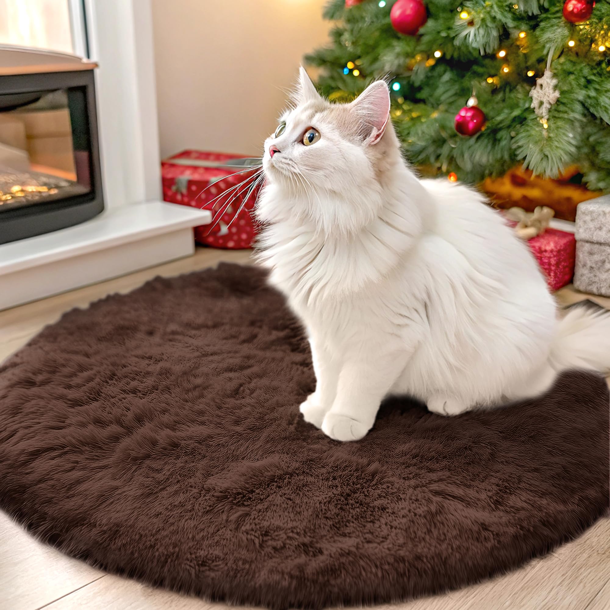 OLANLY Coffee Round Rugs for Bedroom - Machine Washable, 2 ft Circle Area Rugs for Living Room, Soft and Fluffy Shaggy Carpet for Teen Girls and Boys,