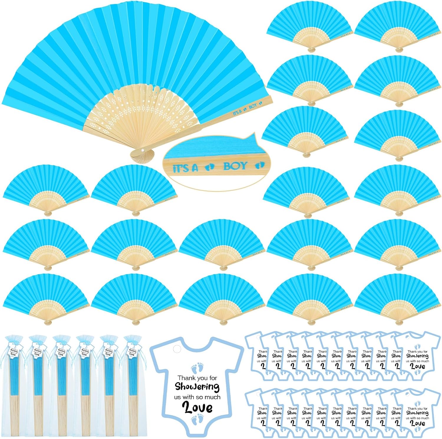 Colarr 50 Sets Baby Shower Favors for Guests Folding Paper Fans Thank You Tags with Organza Bags Handheld Bamboo Fans for Boys Girls Baby Shower Gender Reveal Party Supplies Bulk(Blue)