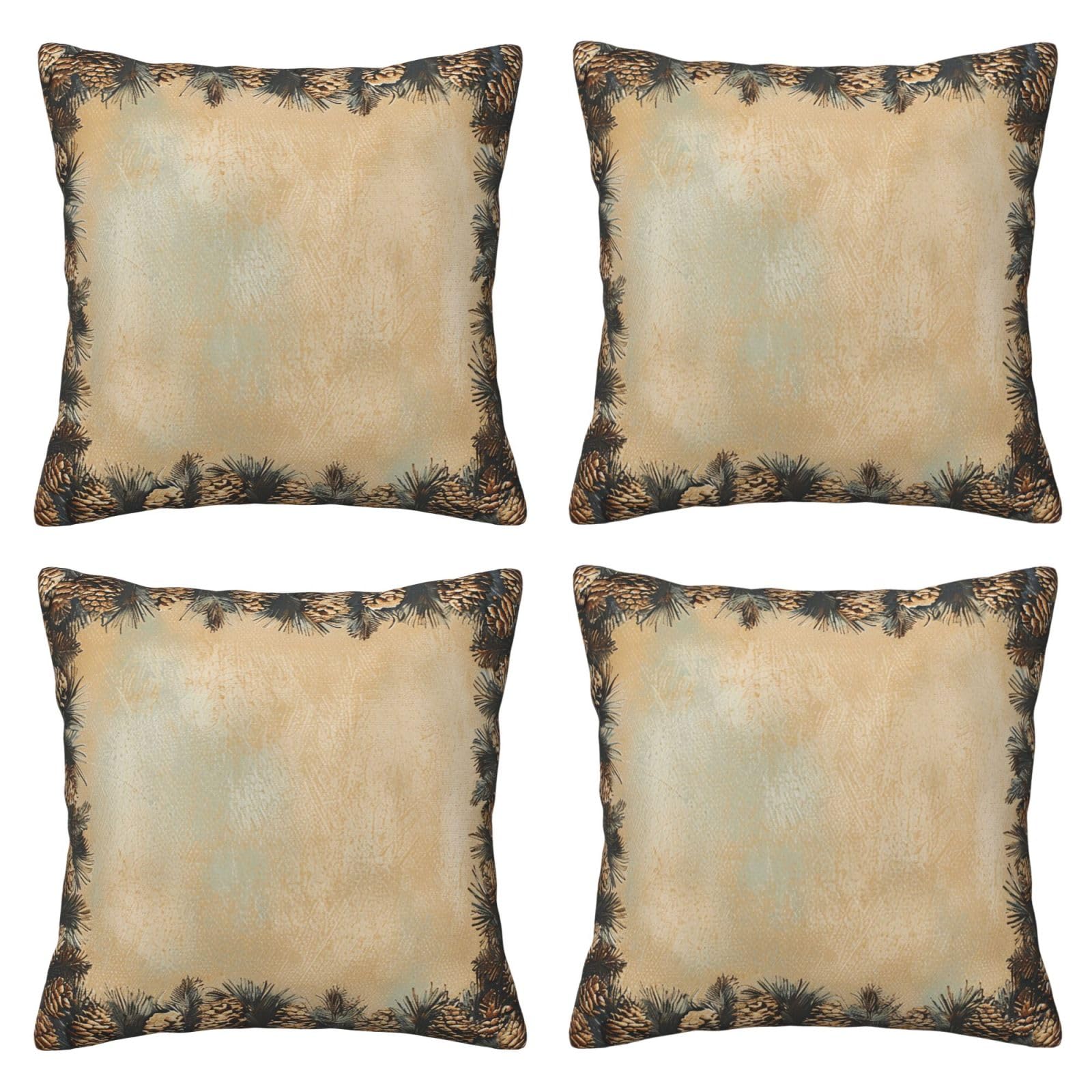 Pine Cone Border Throw Pillow Cases 4 Pack Square Pillowcases Super Soft Pillow Protectors With Zipper for Couch Livingroom Sofa Bed Office Car,50x50 CM