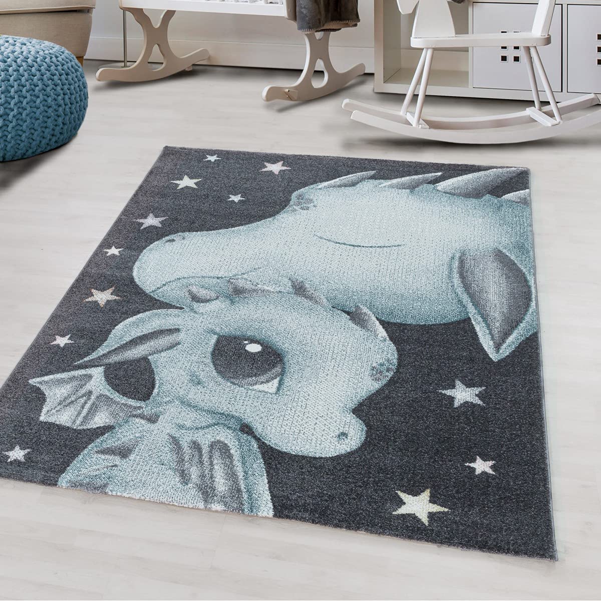 Tapis enfant dragon bleu antidérapant et facile à nettoyer 80x150