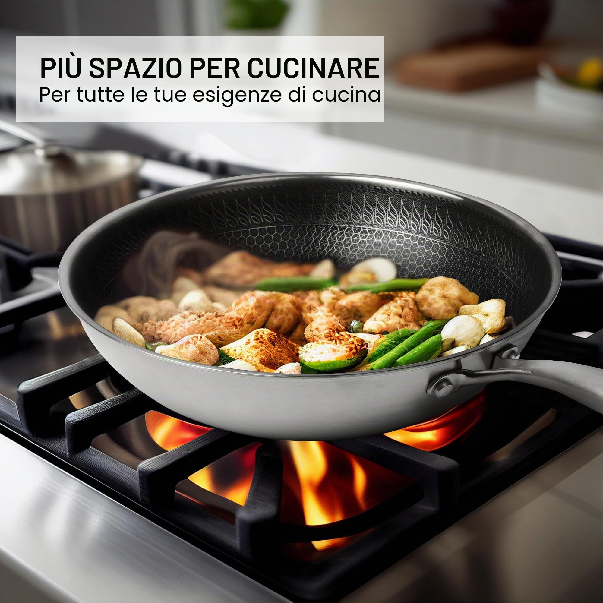 RIOVARM 32cm Wok in acciaio inox con coperchio, Antiaderente Fondo piatto Padella Wok, A tre strati Struttura a nido d'ape, Lavabile in lavastoviglie A prova di forno, Induzione, Piani cottura a gas