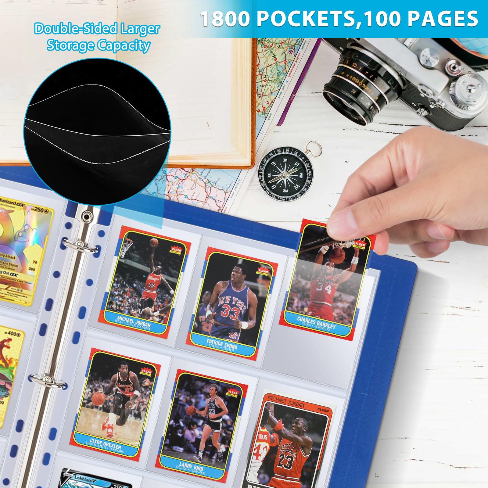 AOBOPLE 1800 Pochettes pour Cartes, Plastique Sleeves Pochettes Transparentes pour Cartes à Collectionner, Double Face, Trading Card Sleeves pour Protéger les Photos (100 pages)