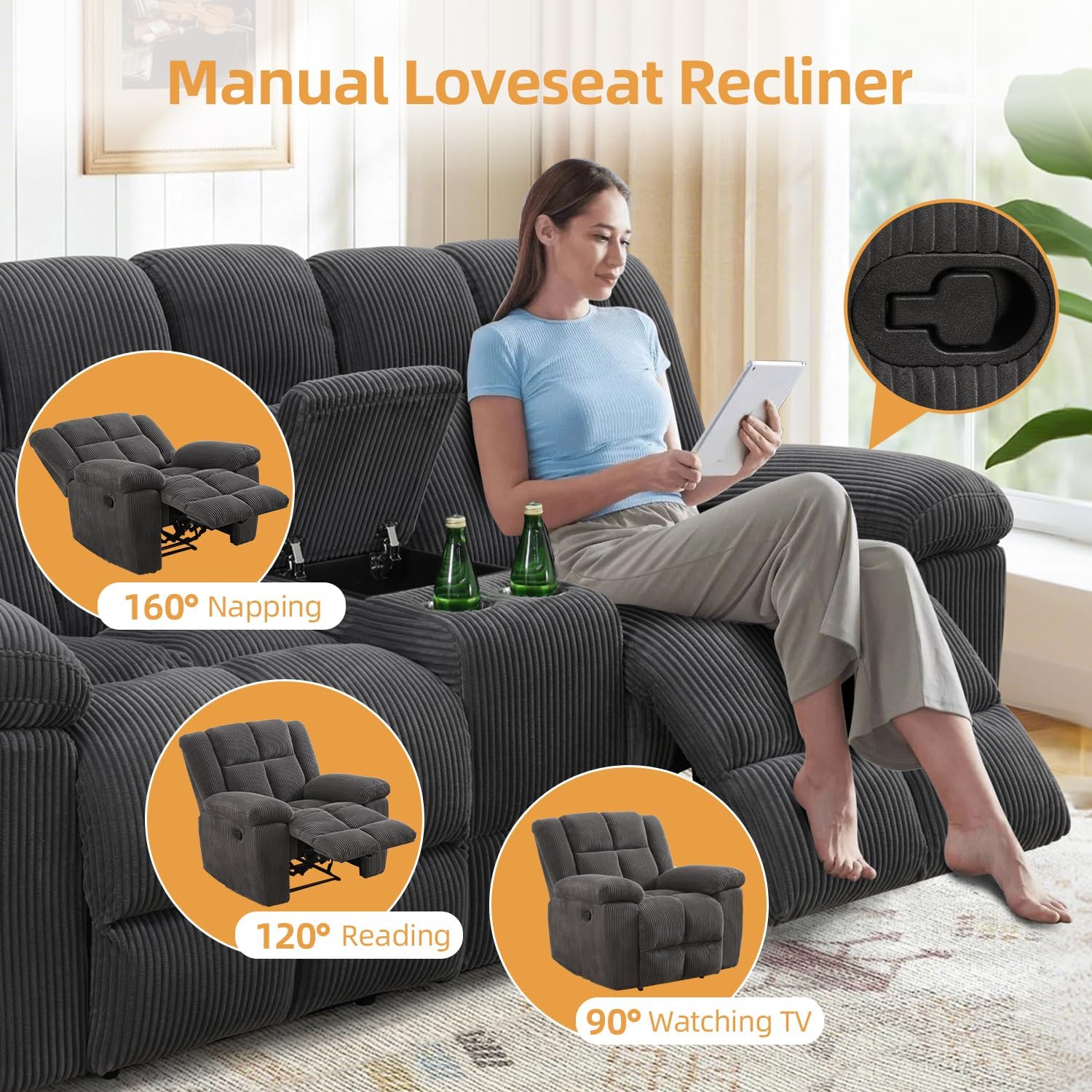 Manual Reclining Sofa Set,Corduroy Recliner Couch Set,Reclining Loveseat and 2 Single Recliner Chair with Storage Console/Cup Holders for Living Room/Office/Lounge(2+1+1Seat,Dark Grey)