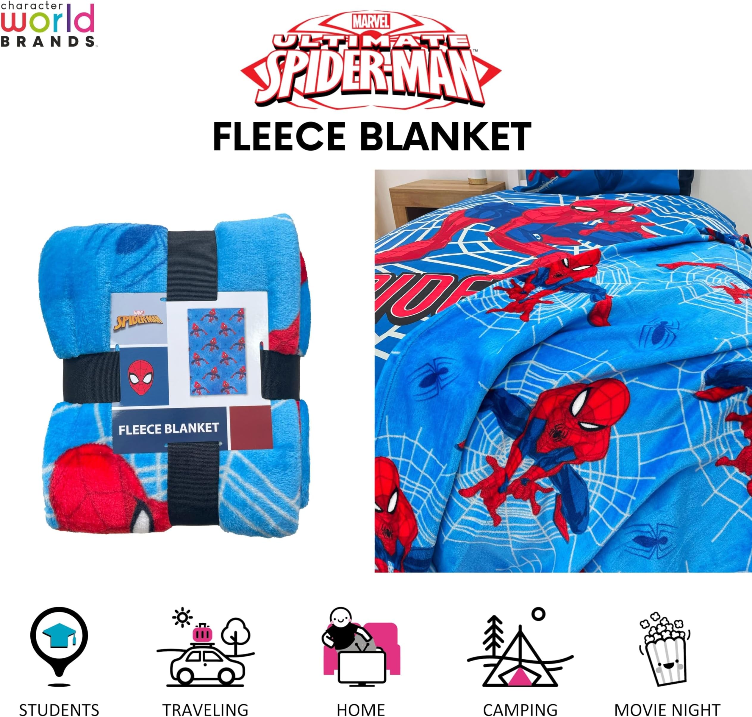 Character World Disney Spiderman Throw Blanket | Super Soft, Web Time Design | Warm Super Soft Feel FleeceThrow | Perfect for Home, Bedroom, Sleepovers & Camping | 100 x 150cm