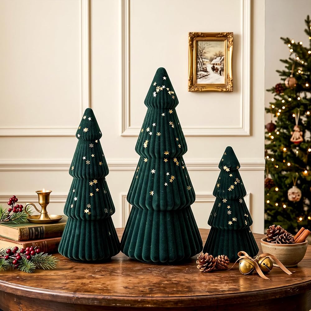 3Pcs Green Velvet Tabletop Christmas Trees, Small Flocked Tree Figurines with Gold Stars, Christmas Decorations-Modern Holiday Centerpieces for Tables, Vintage Fireplace Mantel Kitchen Mini Home Decor — 사진 1