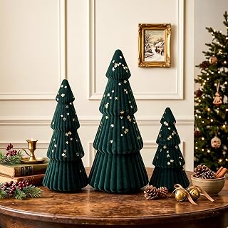 3Pcs Green Velvet Tabletop Christmas Trees, Small Flocked Tree Figurines with Gold Stars, Christmas Decorations-Modern Holiday Centerpieces for Tables, Vintage Fireplace Mantel Kitchen Mini Home Decor