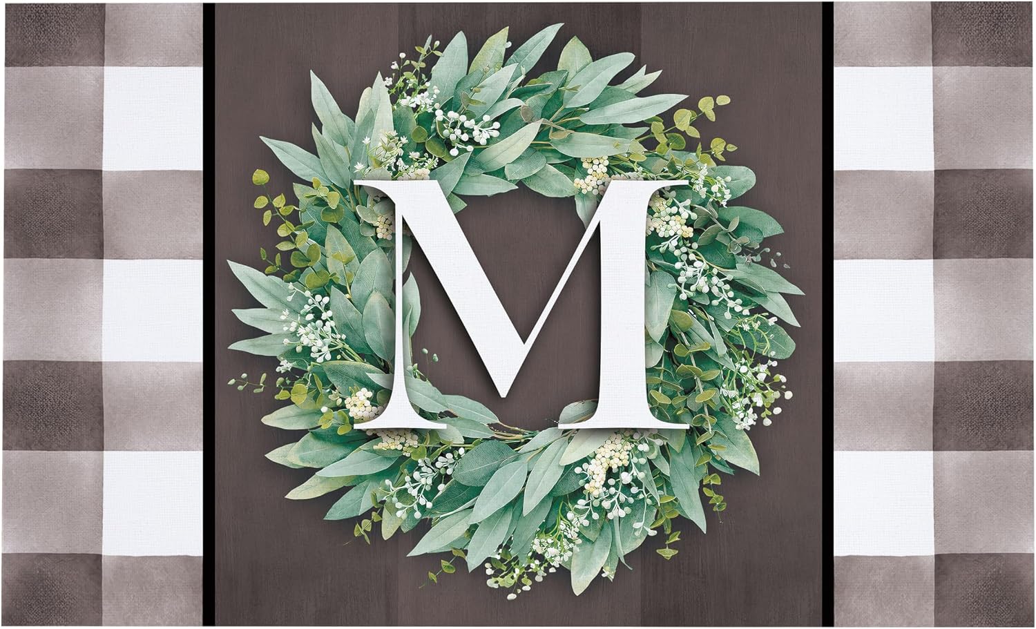 Evergreen Greenery Wreath Monogram 30"x18" Sassafras Estate Front Door Mat, Letter M, Non-Slip Doormat Outdoor and Indoor Entryway Rug