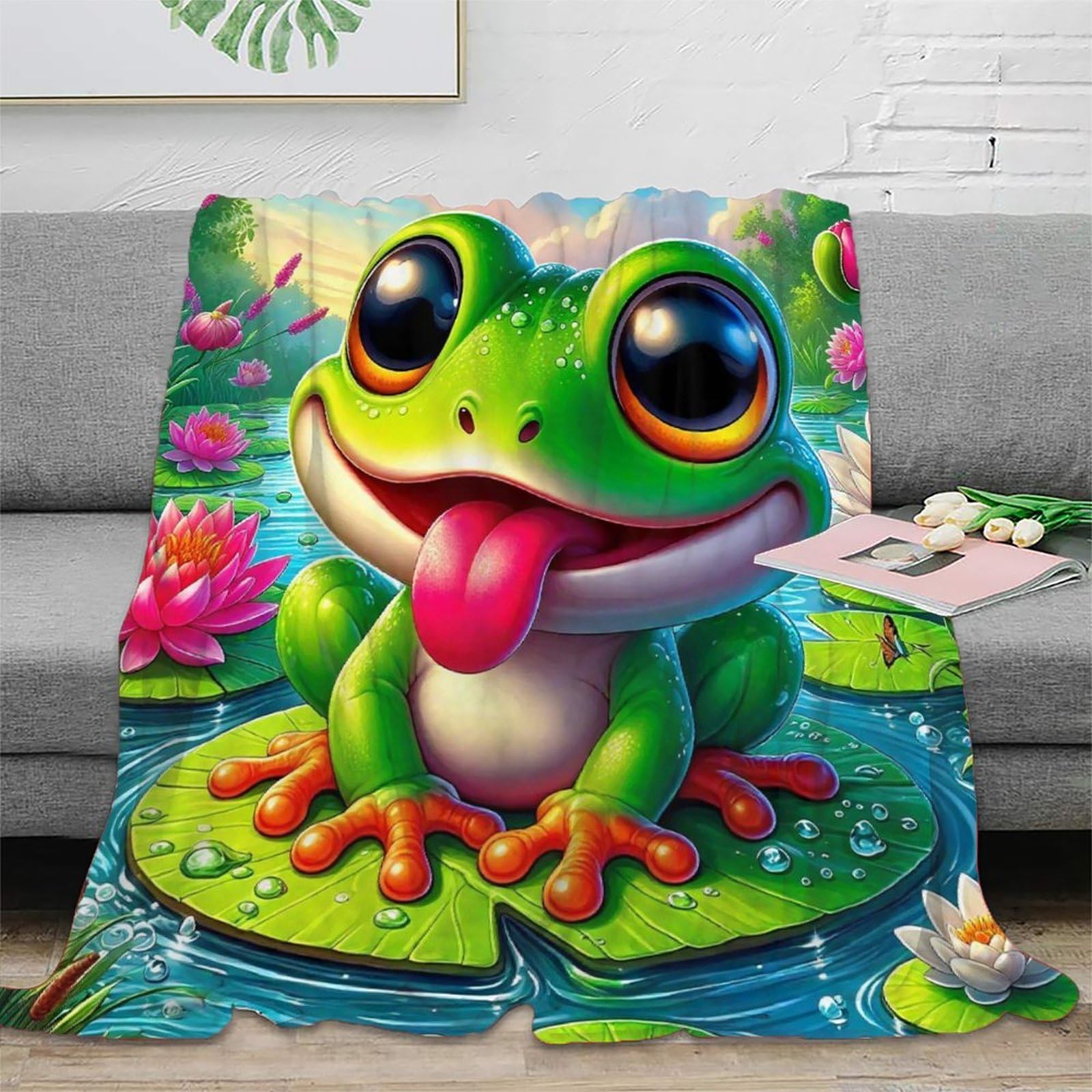Plaid jeté de lit grenouille 3D couverture microfibre chaude et couvre-lit moelleux 100x130cm