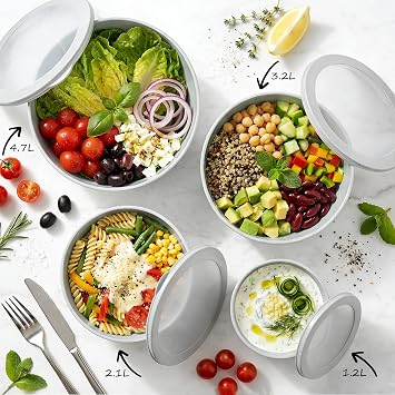 BoxedHome Mixing Bowls Set with Leakproof Silicone Lids, Nesting Salad Bowls for Prepping, Mixing, Serving, Baking, 4.7L/3.2L/2.1L/1.2L, Dishwasher & Microwave Safe, BPA-Free Plastic, Set of 4, Grey