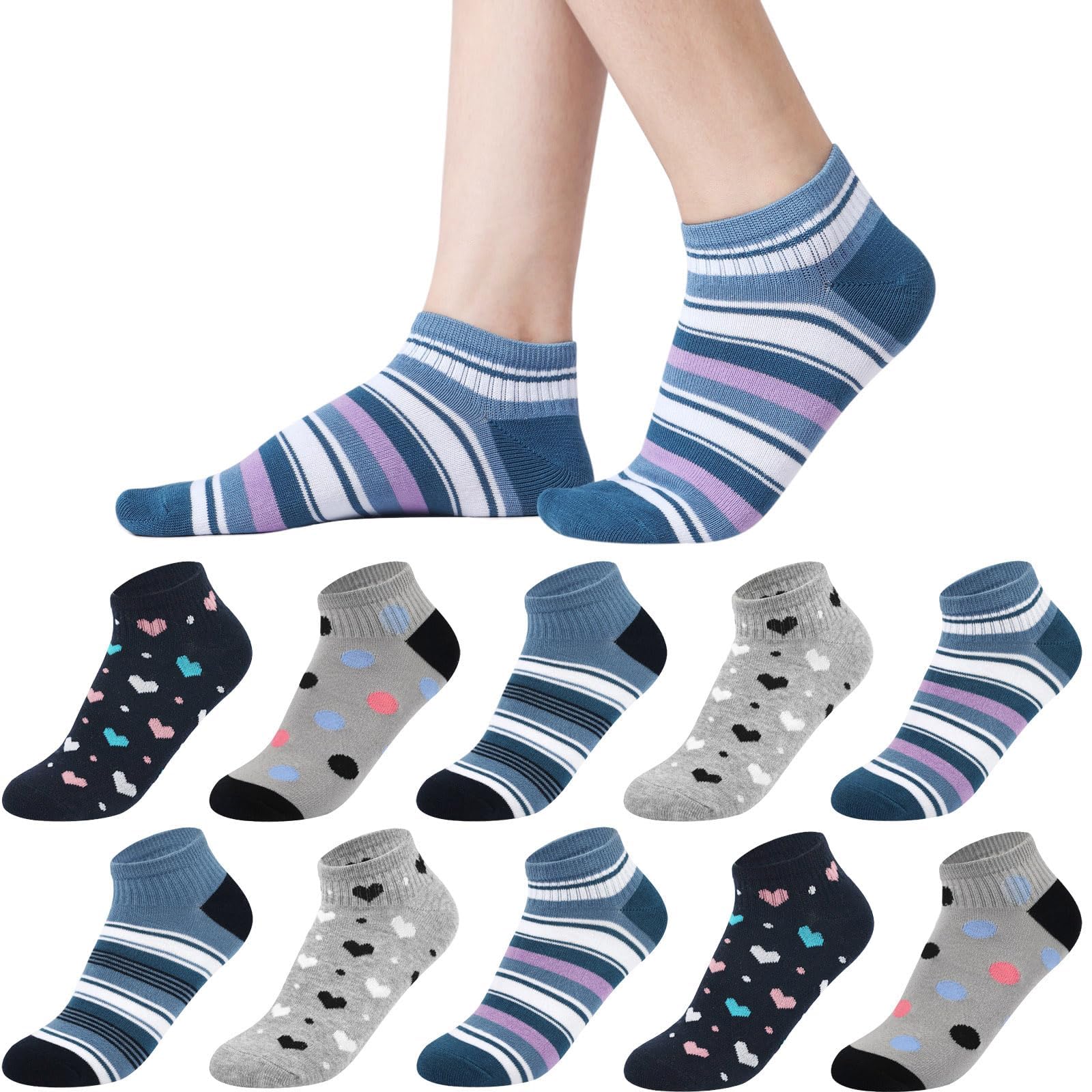 Skarpety damskie do sneakersów 35-38 39-42, 10 par bawełnianych krótkich skarpet dziewczęcych, wielokolorowe skarpety do sneakersów, kolorowe skarpety damskie z kropkami w paski, Niebieski zestaw.,