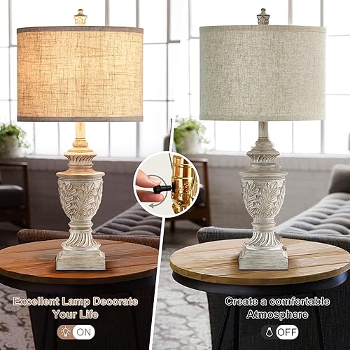 Miniatura 3 de Juego de 2 lámparas de mesa tradicionales de granja para sala de estar, lámpara de noche rústica vintage de resina con puertos USB duales, lámparas