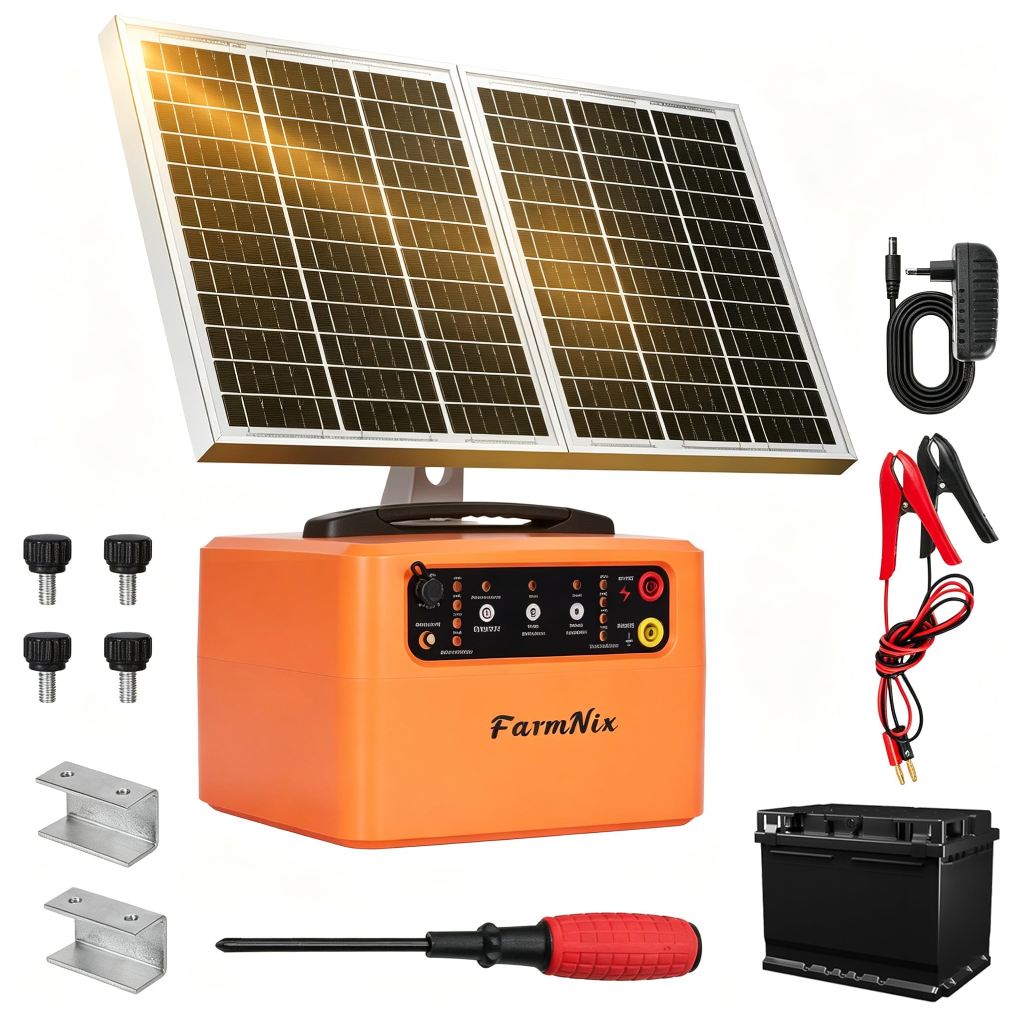 48KM Solar Weidezaungerät, Elektrischer Weidezaun mit 0,3 J–1,5 J, 6 KV–12 KV Einstellbares, schlagstarkes Elektrozaungerät mit 15W-Solarpanel, Integrierter 12V 7Ah Blei-Säure-Batterie für Bauernhöfe