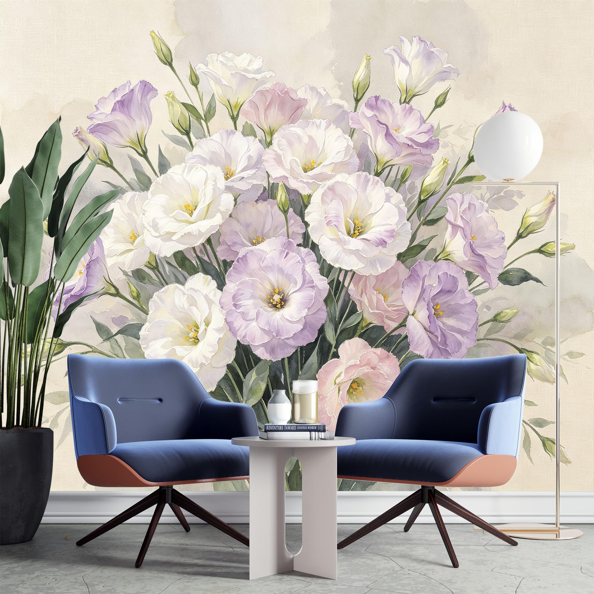 Papier Peint Photo Mural Floral Aquarelle Eustoma Intissé 500 x 280 cm Motif Floral Décoration Fresque Murale Moderne pour Salon Chambre et Intérieur.