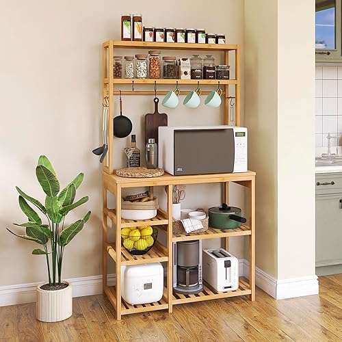 Miniatura 2 de SMIBUY Estante de cocina para panadero, soporte de microondas de bambú de 6 niveles con estantes de almacenamiento, estación de mesa de barra de