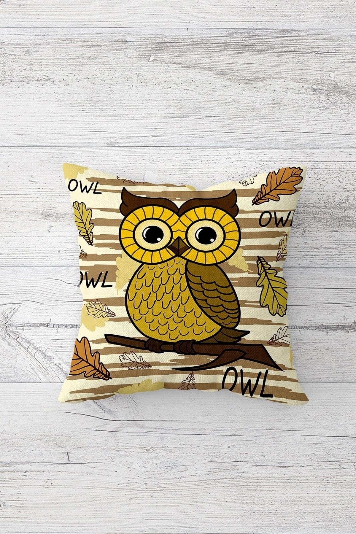 Pelangi Baykuş Owl Sarı Çift Tarafı Baskılı Gizli Fermuarlı Yastık Kılıfı Kırlent Koltuk Yastık Kılıfı, kahve-sarı 45 x 45