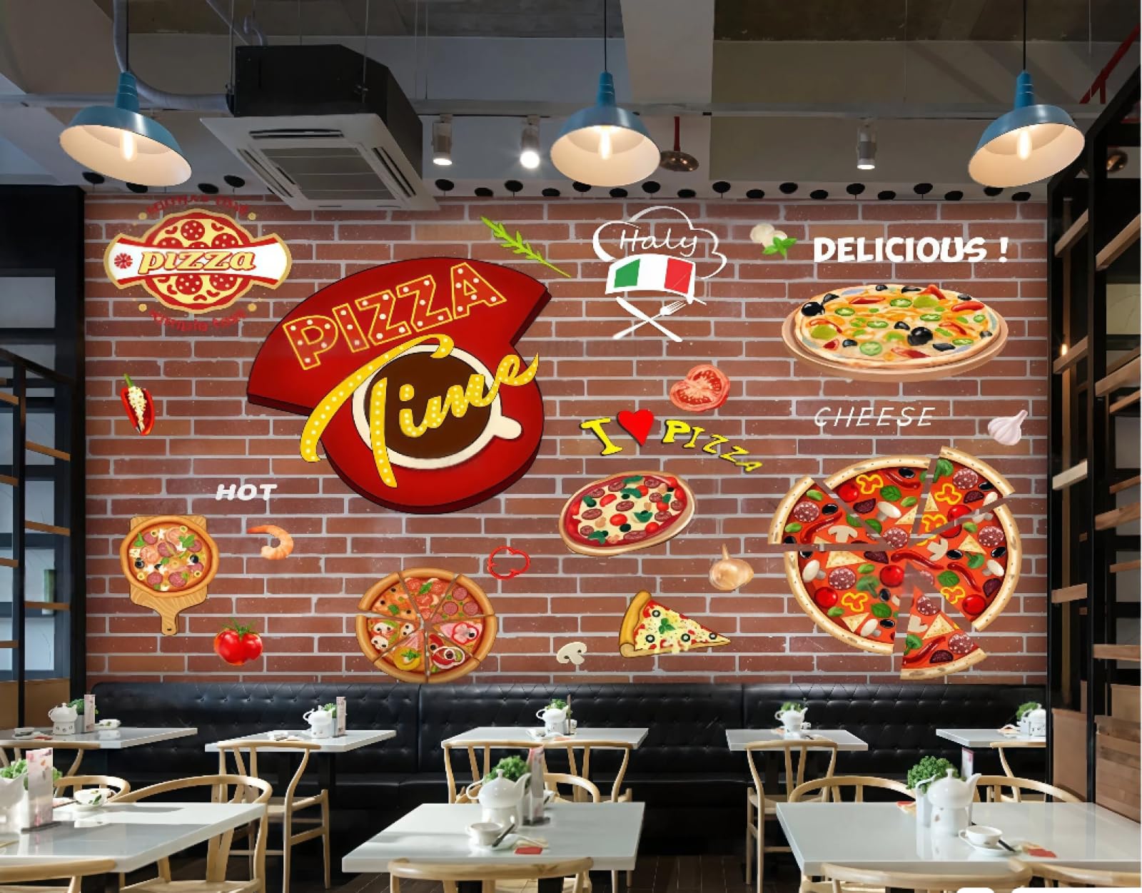XDOUBAO Wallpaper Brick Wall Hand-Painted Graffiti Delicious Pizza Shop Burger Snack Afternoon Tea Western Restaurant Background Wall Wallpaper Coffee Shop Mural,3D,200x140cm