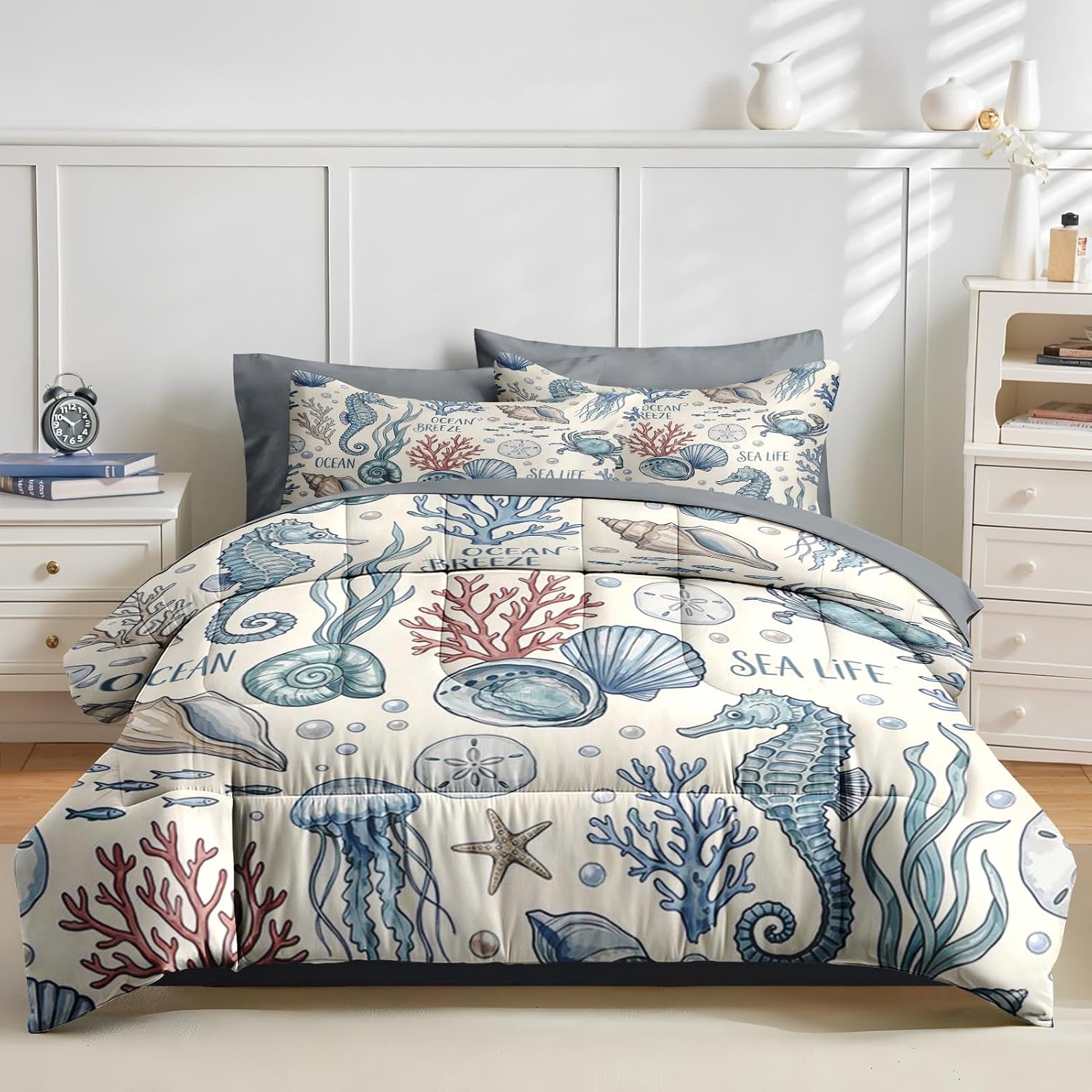 Nesker 7 Pcs Comforter Set Queen Size, Nautical Coastal Seahorse Bedding Set for Kids and Adults, Coral Shell Sea Ocean Bed Sheet Set with Fitted Sheet 2 Pillowcases & 2 Shams