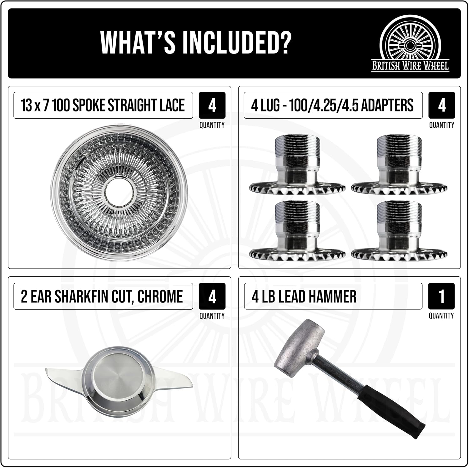 13x7 Reverse 100 Spoke Straight Lace Wire Wheels w/ 2 Ear Cut Knock Off Spinner Caps + Chrome Adapters 4x100, 4x4.25, 4x4.5 | Chrome Deep Dish Lowrider Rims | Set of 4 + Lead Hammer