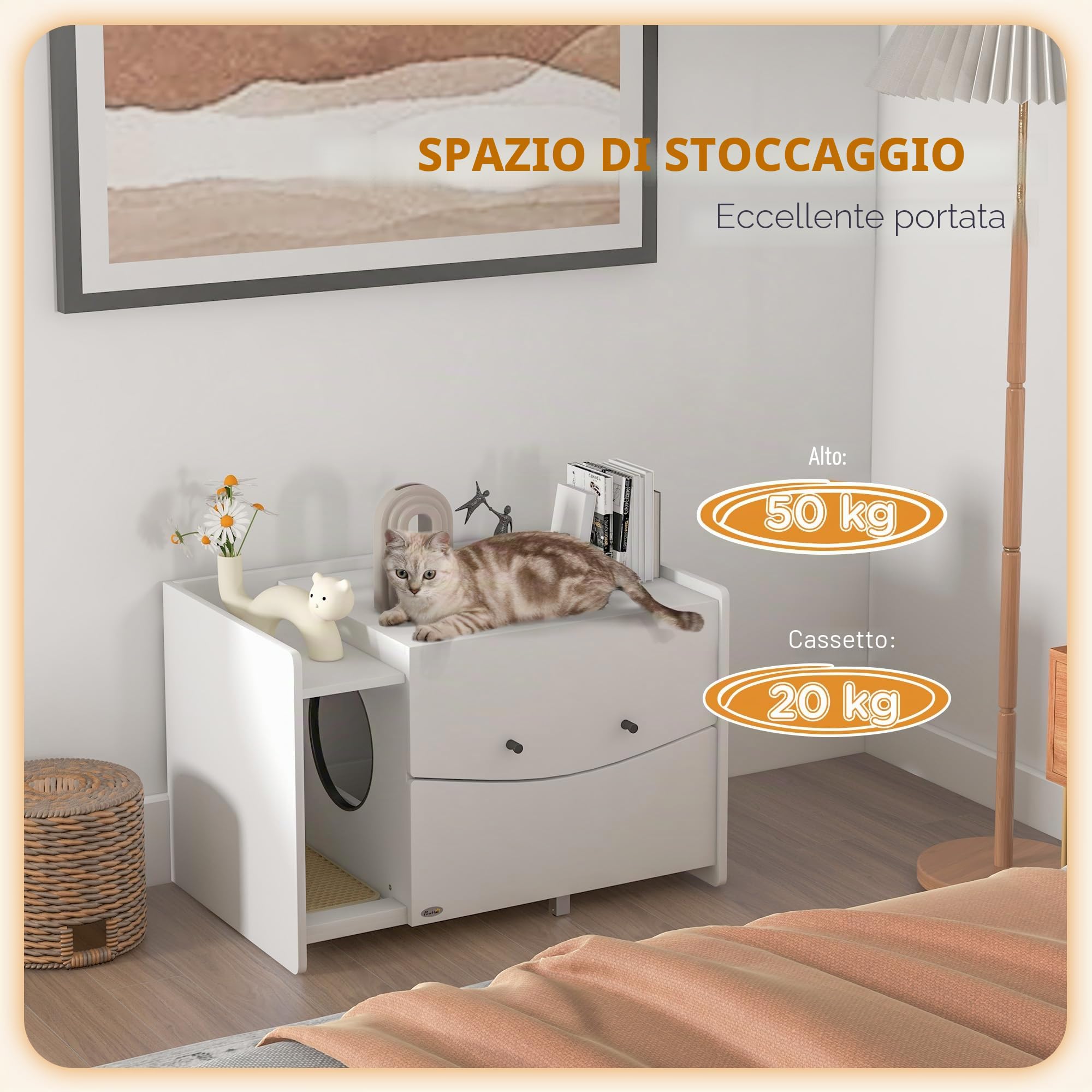 PawHut Casa da Letticcia Mobile per Gatto, Scomparto Scorrevole, 2 Fori di Ventilazione, Tappetino per Perdite di Sabbia, Bianco