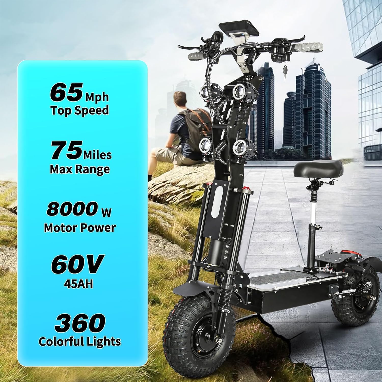 Electric Scooter for Adults with Seat & 2*Charger, High Power 10000W Dual Motor with NFC, Max Speed 65MPH & Up to 70Miles,14" Off-Road Tires, 60V/50Ah Large Capacity Battery（USA Warehouse）