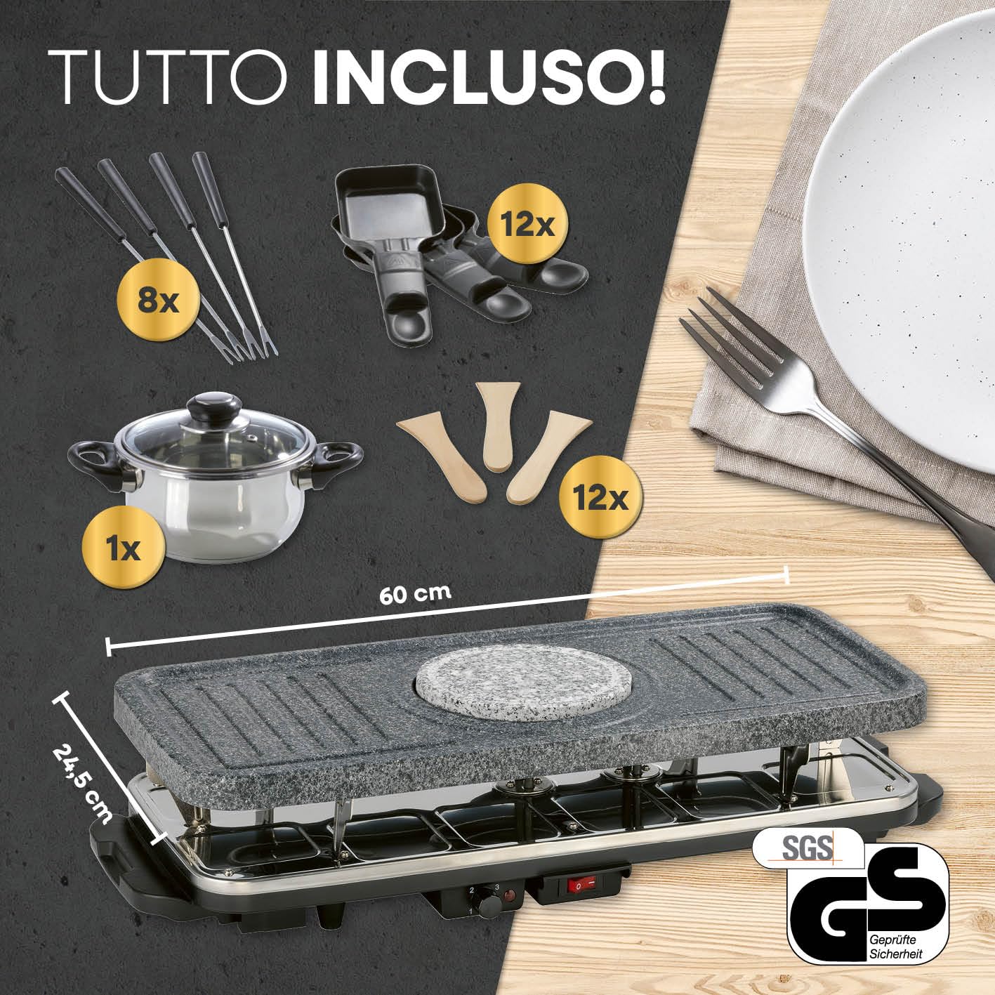 GOURMETmaxx raclette & fondue combi XXL per 12 persone | Griglia per raclette 4 in 1 con padelle, set per fonduta e pietra calda | Griglia elettrica da tavolo con piastra antiaderente [1600 watt].