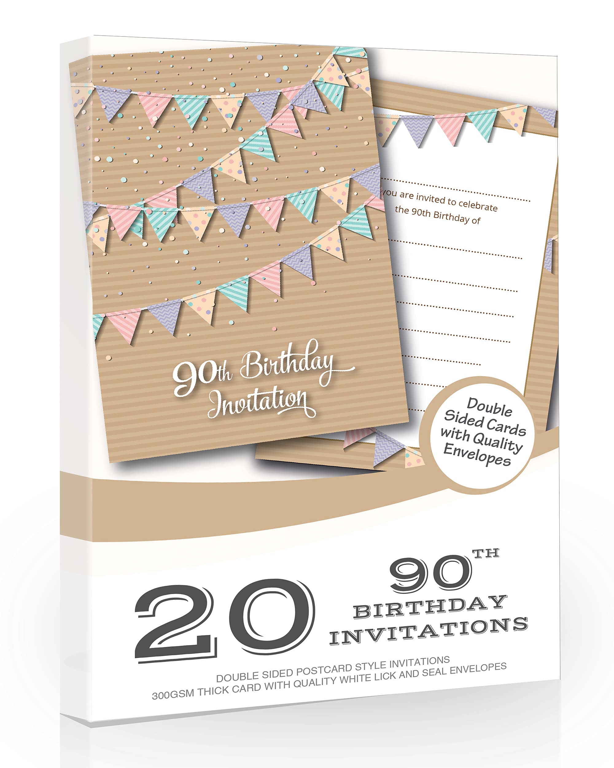 Olivia Samuel 20 x 90th Birthday Party Invitations - Pastel Bunting Design - Postcard Style - Ready to Write