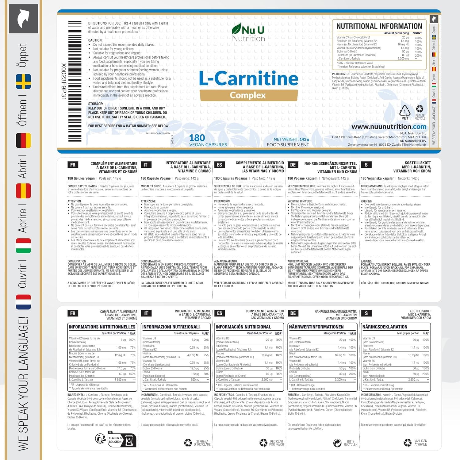 L-Carnitina Tartrato Forte - 180 Capsule Vegane - 550mg di Carnitina per Capsula - Con Vitamine & Minerali - Integratore Pre e Post Workout per Sportivi - Prodotto in Europa - Nu U Nutrition