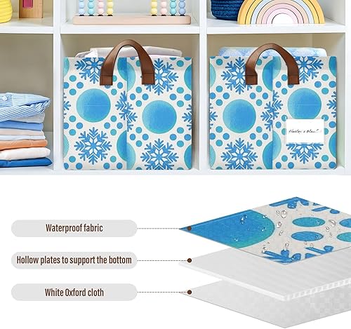Miniatura 5 de Cesta de almacenamiento resistente con diseño de copos de nieve, color azul, con asas, estantes para el hogar, oficina, armario, organizador de