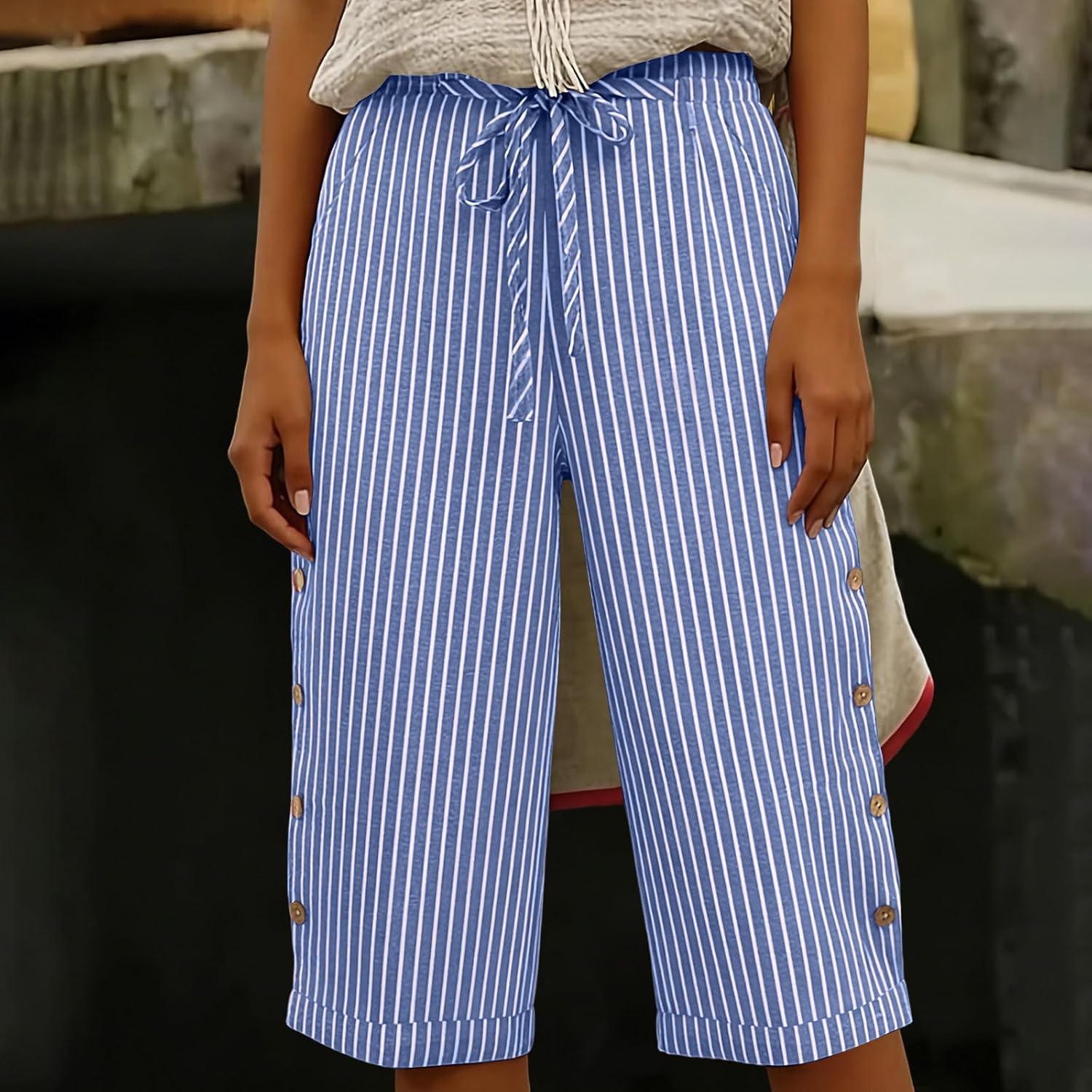 Striped Linen Shorts for Women Linen Capri Pants Lightweight Summer Pants Womens 2026 Ladies Button Pinstripe Bottoms