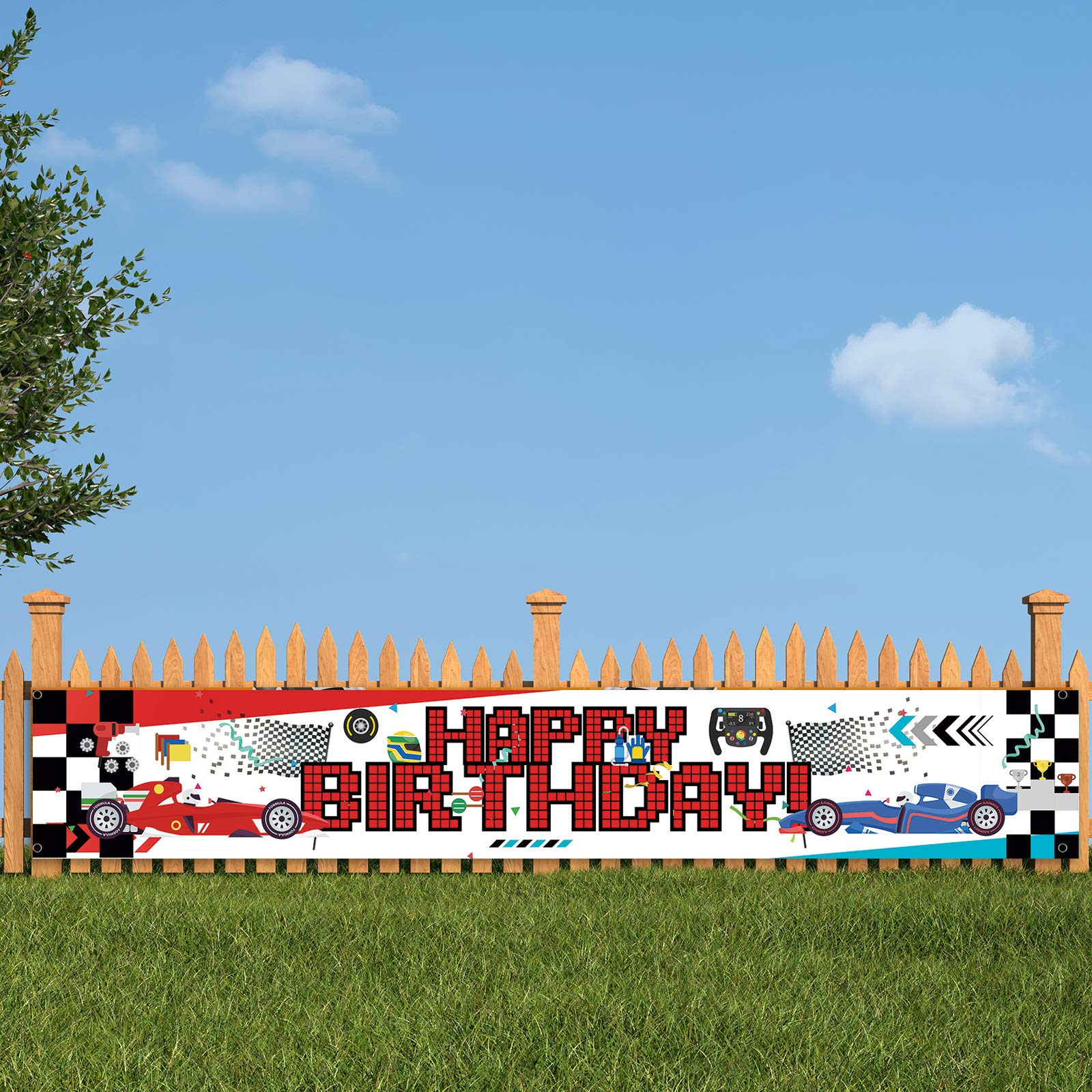 Buy Large Race Car Happy Birthday Banner, Large Racing Car Checkered