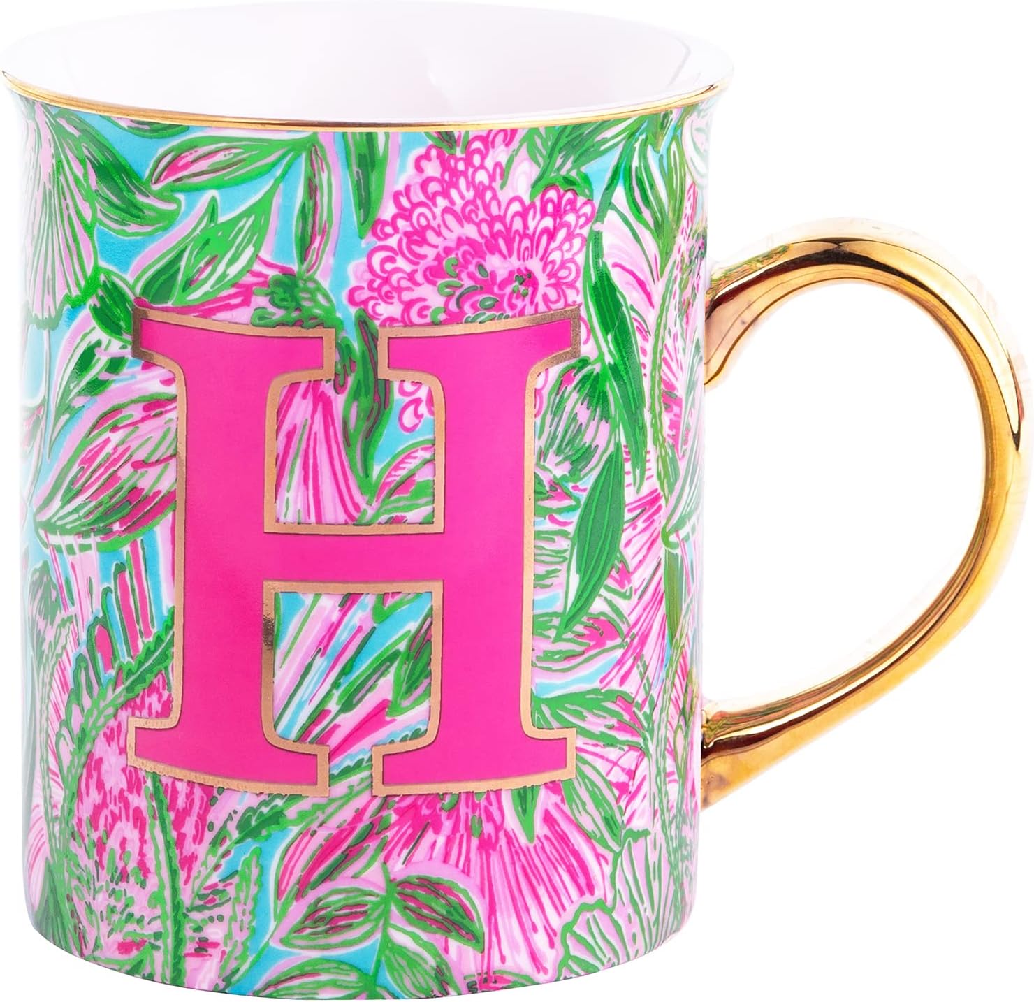 Lilly Pulitzer Initial Ceramic Coffee Mug, 14 Oz Tea Cup, Cute Mug with Gold Handle and Gift Box, H (Coming In Hot)