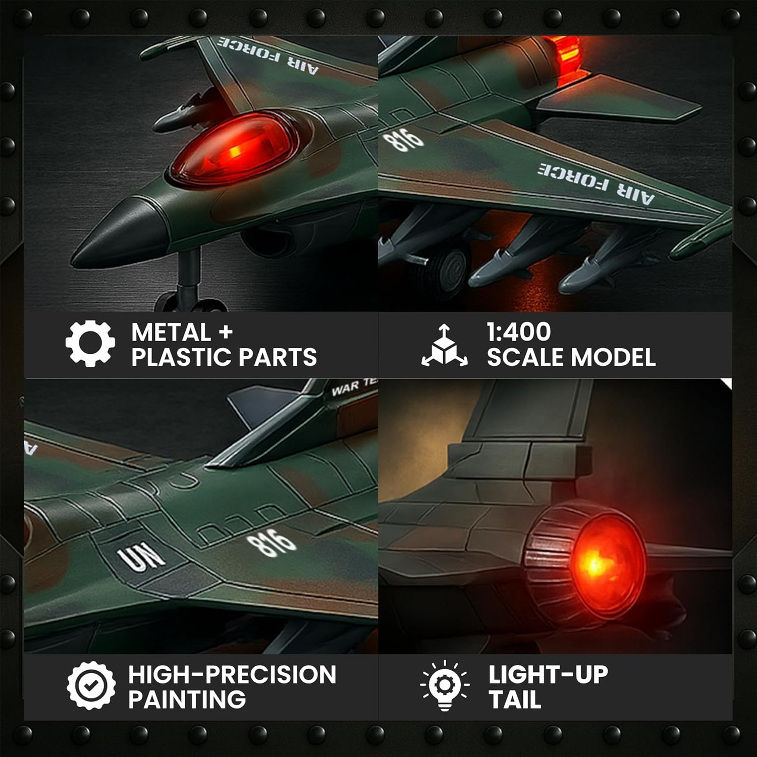 Diecast Fighter Jet Toy Military Falcon Replica Model - 1:400 Scale Airplane Pullback Metal Alloy Aircraft Vehicle with Flashing Lights and Sound