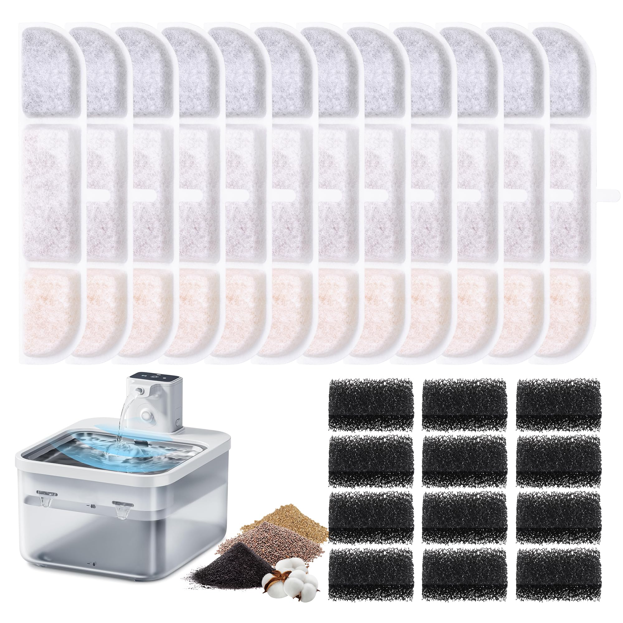 24PCS Cat Water Fountain Filters for Downypaws Fountains, 5-Stage Cat Drinking Fountain Filters with Resin, Activated Carbon, Filter Stone, Cats Filter Replacement for DPWFP6 2.5L Pet Water Fountains