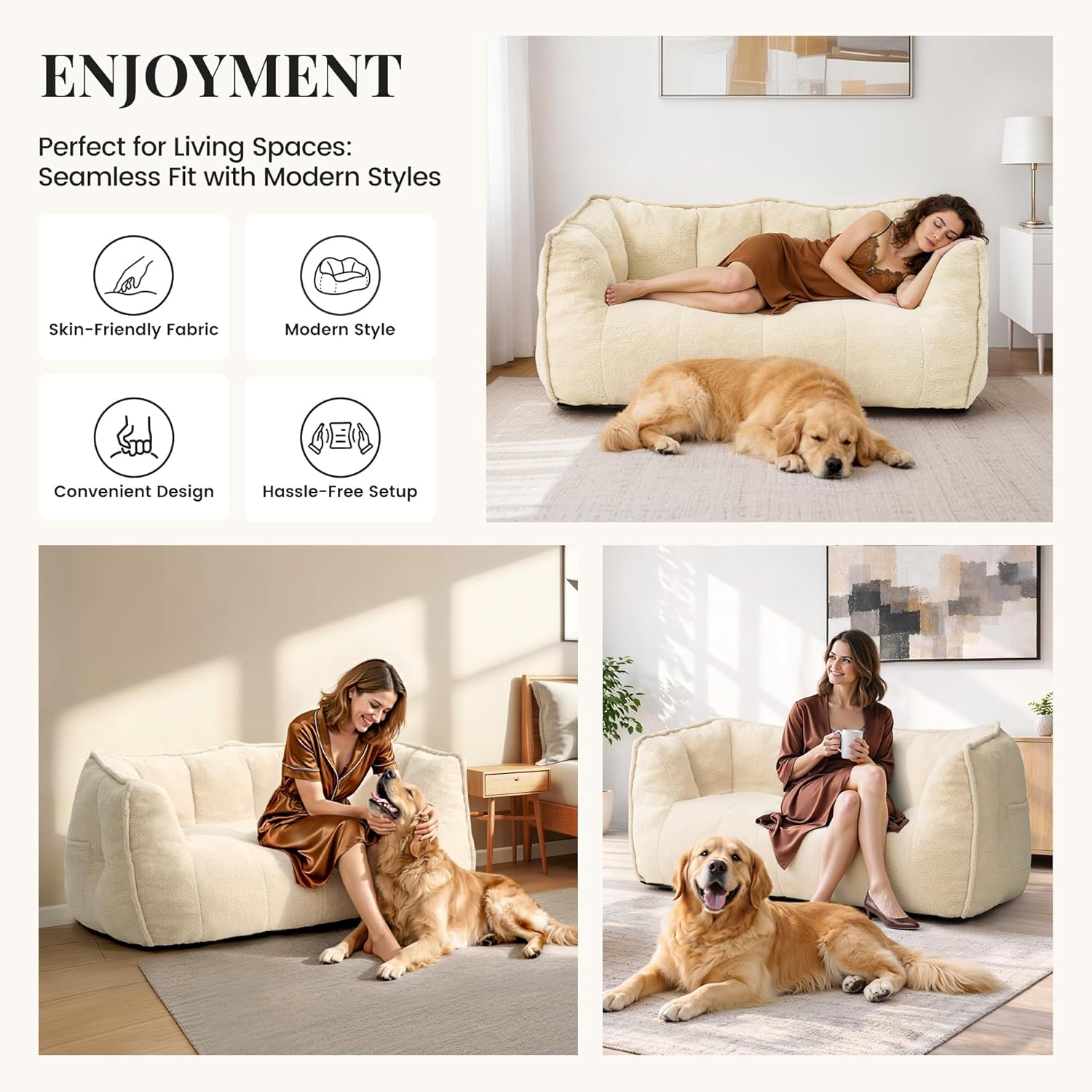 59" Bean Bag Chair, 2-Seat Loveseat Sofa Bed for Adults, Washable Cover,72H Rebound, Fluffy Comfort for Living Room,Bedroom,White
