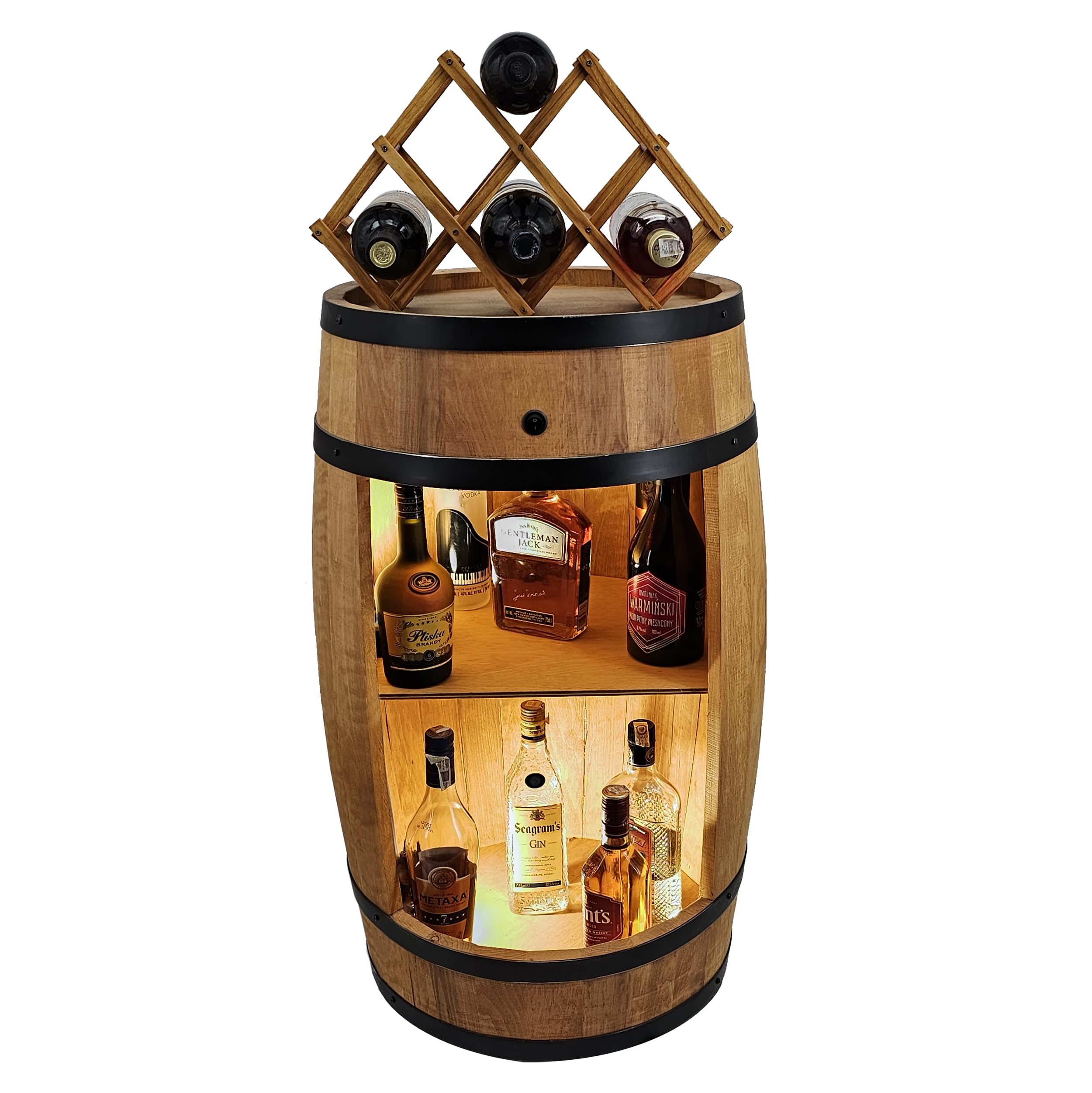 CREATIVE COOPER Barile di Legno a LED Con Portabottiglie per Vino, 80 x 50 cm, Decorazione Rustica per Bar, Whisky (Rovere)