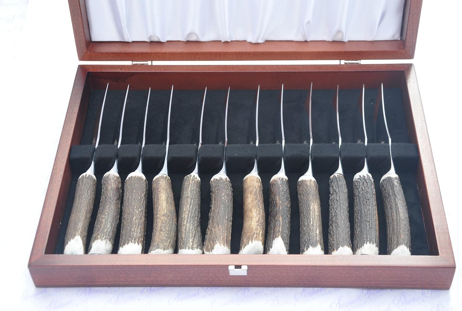 Twelve Cased Genuine Stag Horn/Antler Handle Steak Knife Made in Sheffield England Stamped Sheffield England