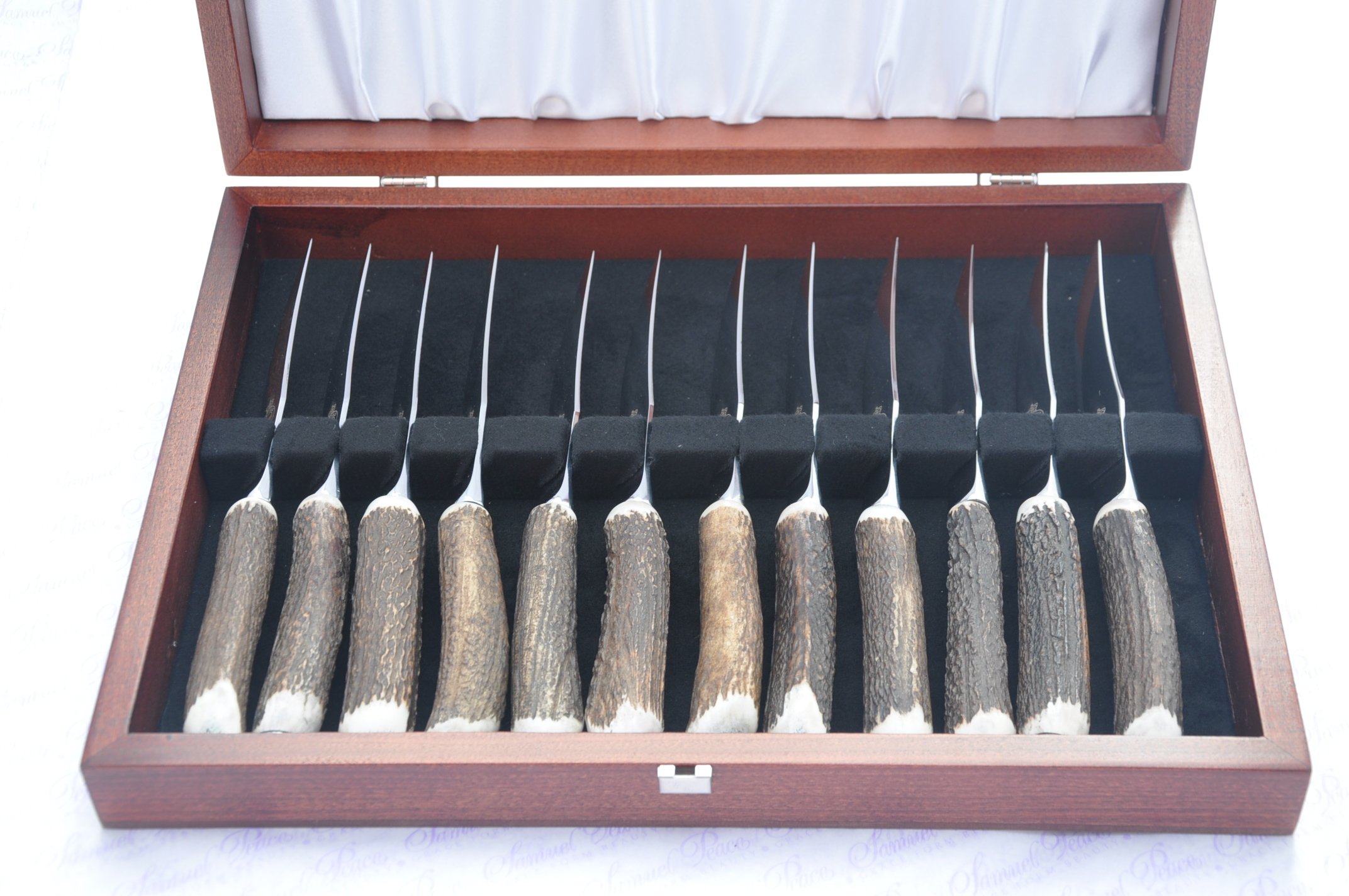 Twelve Cased Genuine Stag Horn/Antler Handle Steak Knife Made in Sheffield England Stamped Sheffield England