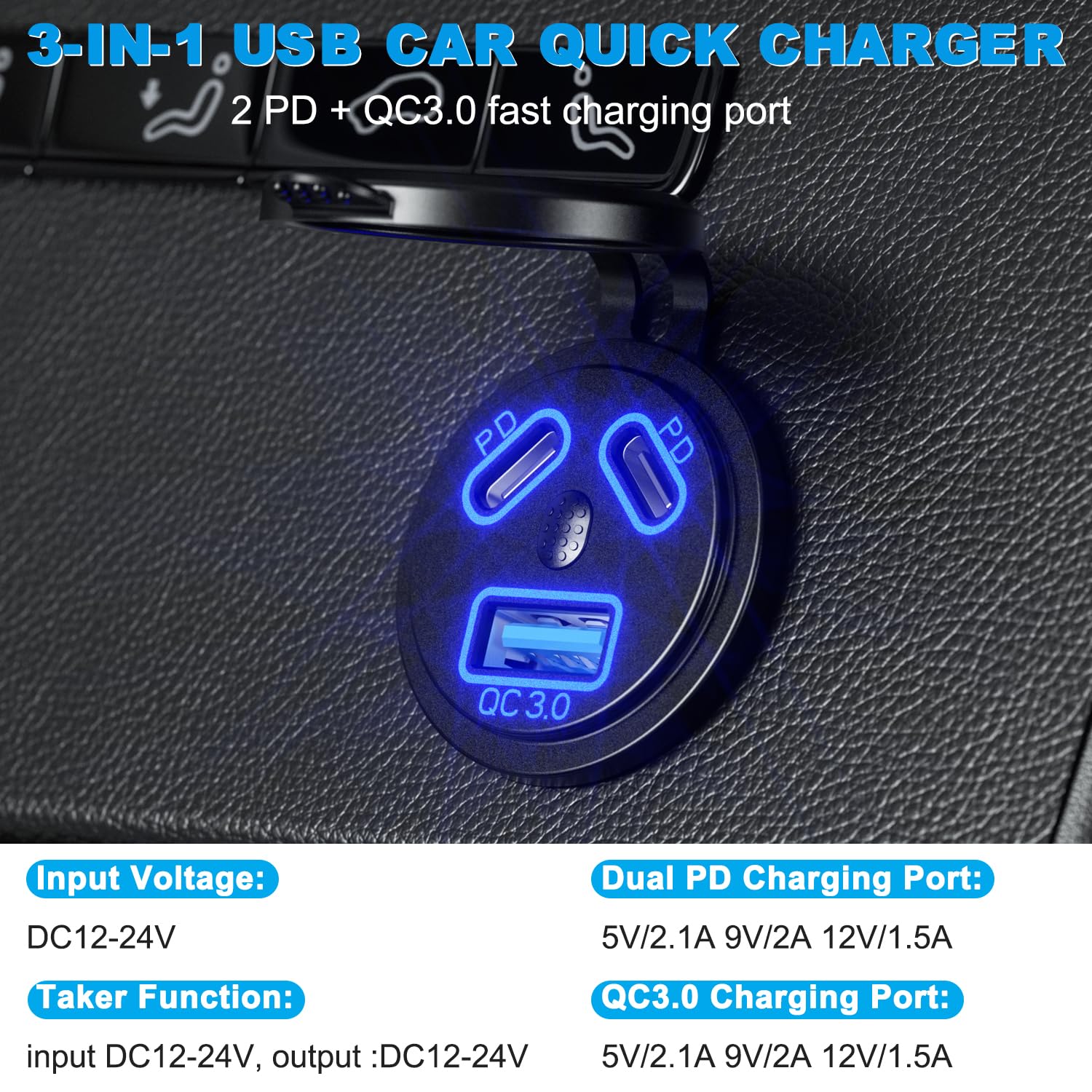 Presa USB QC3.0 Per Auto - Doppia Porta, Ricarica Veloce, Touch Control, Impermeabile, LED Blu