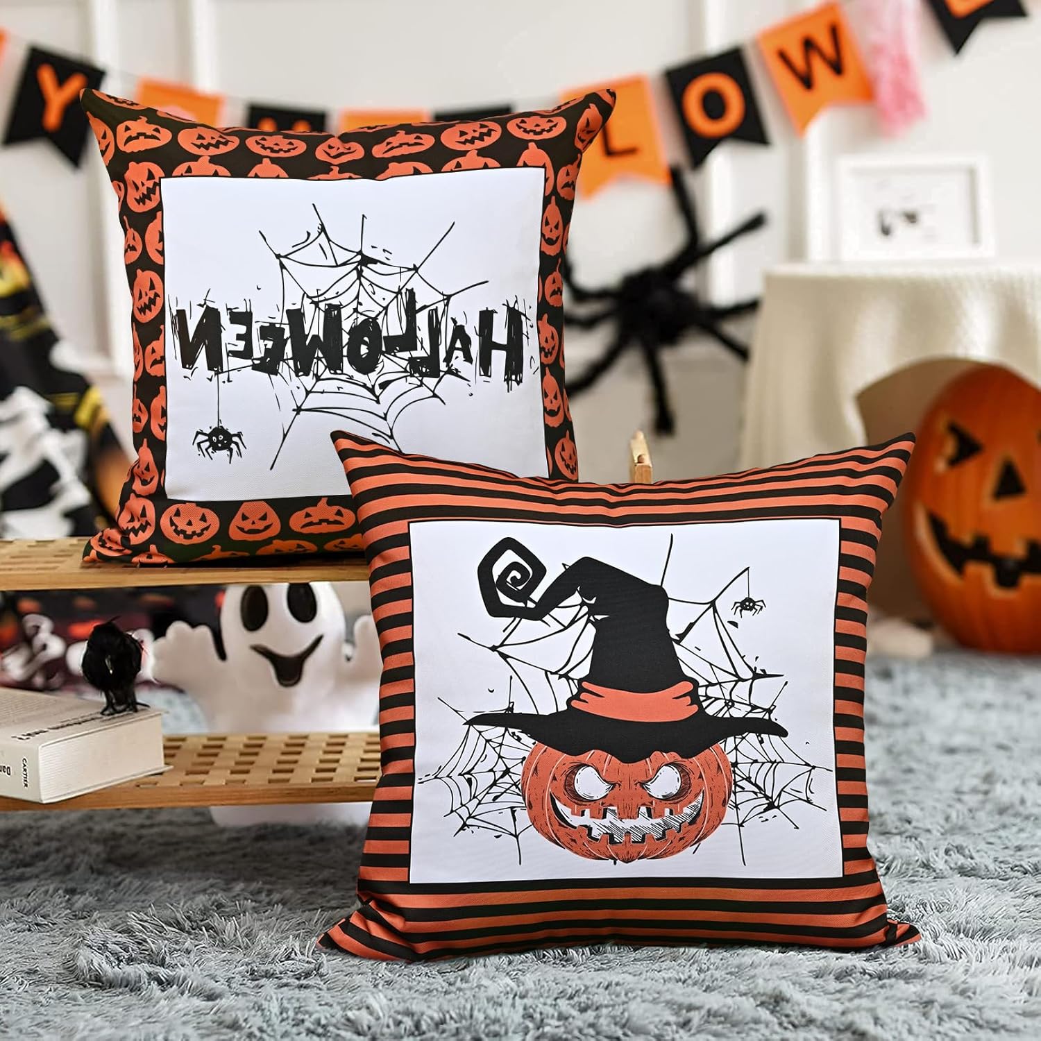 Halloween Pillow Covers, Farmhouse Spooky Pumpkin Throw Pillow Covers 18x18 Inch