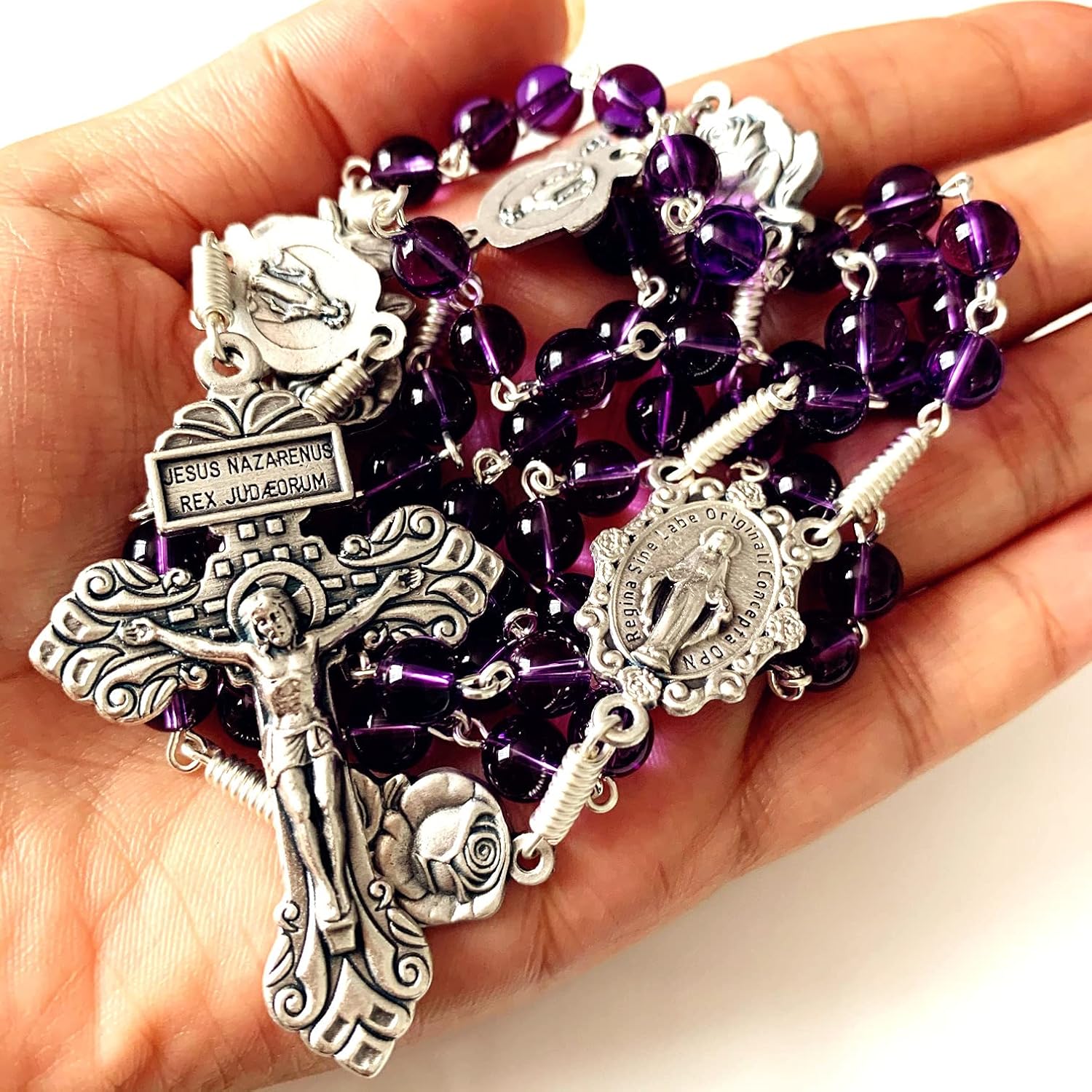 elegantmedical Handmade Catholic Amethyst Beads Our Lady of Grace Rosary Cross Crucifix Necklace Gift Box - Image 7