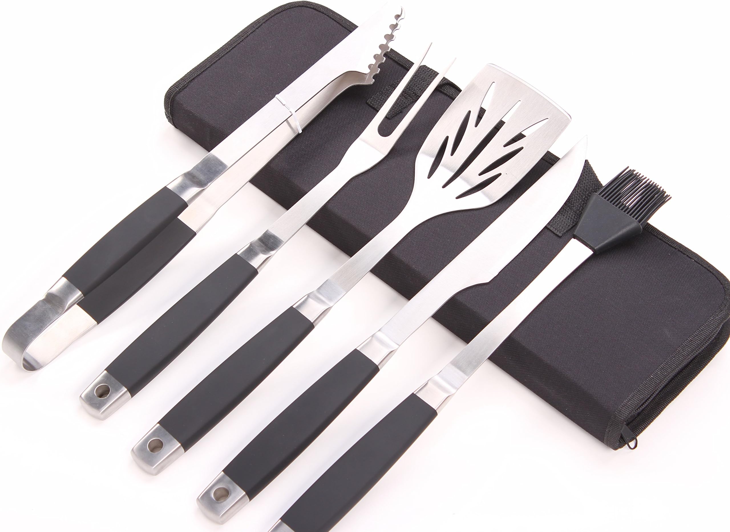 Barbecue & Grilling Tool Set By Lacufas La Cuisine Facile –, Sturdy Stainless Steel – Ergonomic Design With Slip & Heat Resistant Rubber Handles – Dishwasher Safe – 5 Tools Set
