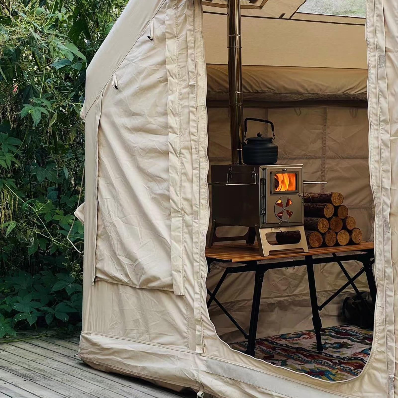 Stufa a Legna Portatile da Campeggio Realizzato in Acciaio Inossidabile Design Pieghevole con Finestra di Osservazione