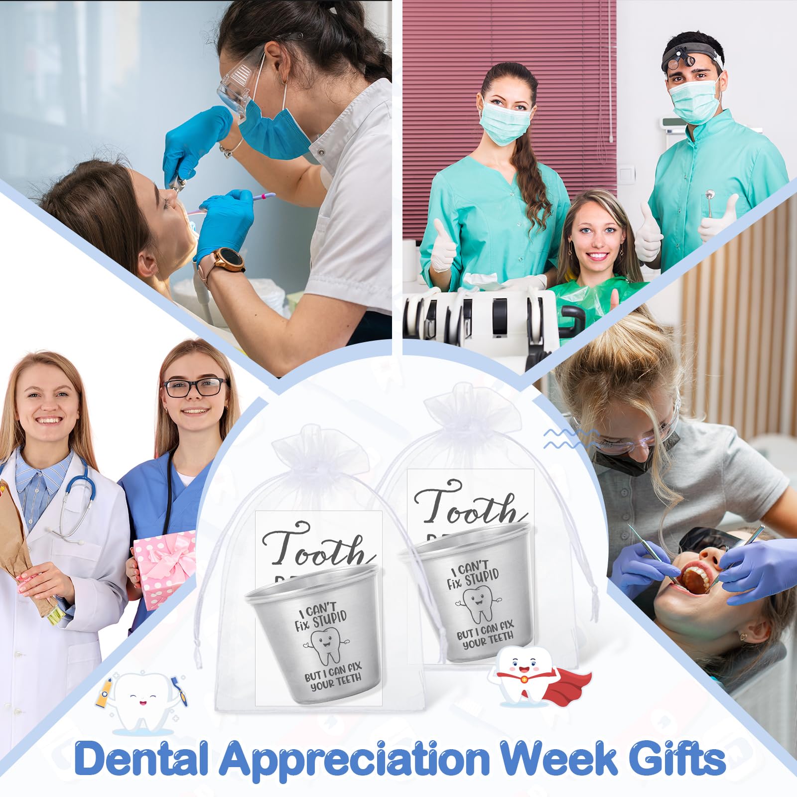 Roshtia 10 Sets Dental Assistant Gifts Bulk Graduation Orthodontic Health Staff Appreciation Funny Dentist End of School Year Tooth Shot Glasses Stainless Steel Tumbler Fix Your Teeth Cups with Cards