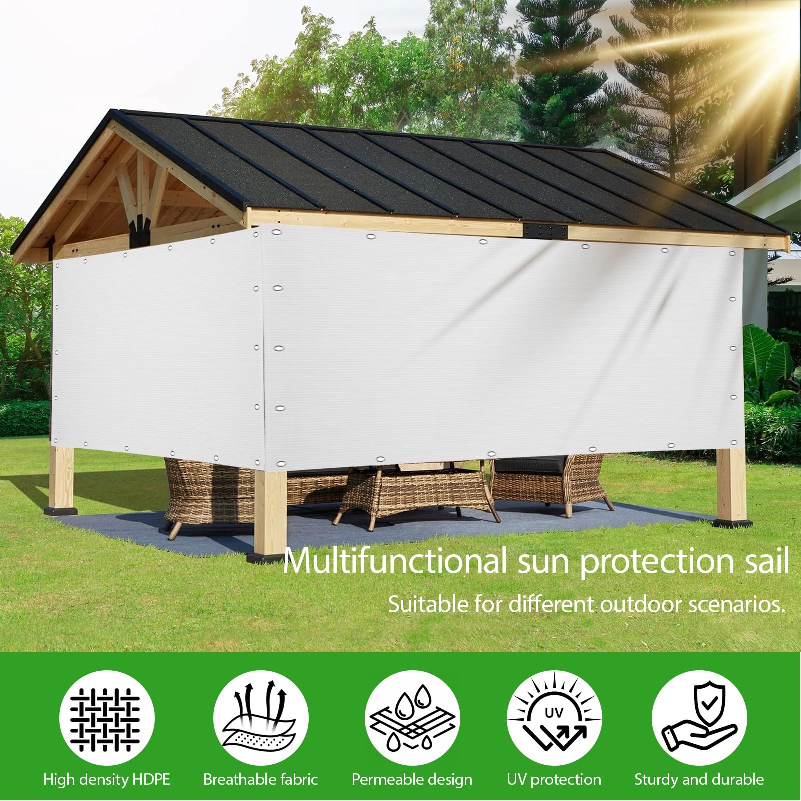 Żagiel Przeciwsłoneczny HDPE Prostokątny 210 x 515 cm Oddychający HDPE Oddychający Oczka Ze Stali Nierdzewnej Dla Patio, Dziedzińca I Basenu, Biały