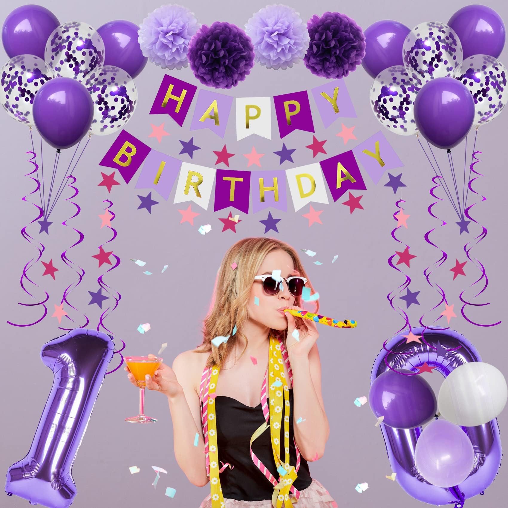 Sweet 10th Birthday Decorations Kit - Purple Number 10 Foil Balloons, Latex Balloons, Banner, Photo Props