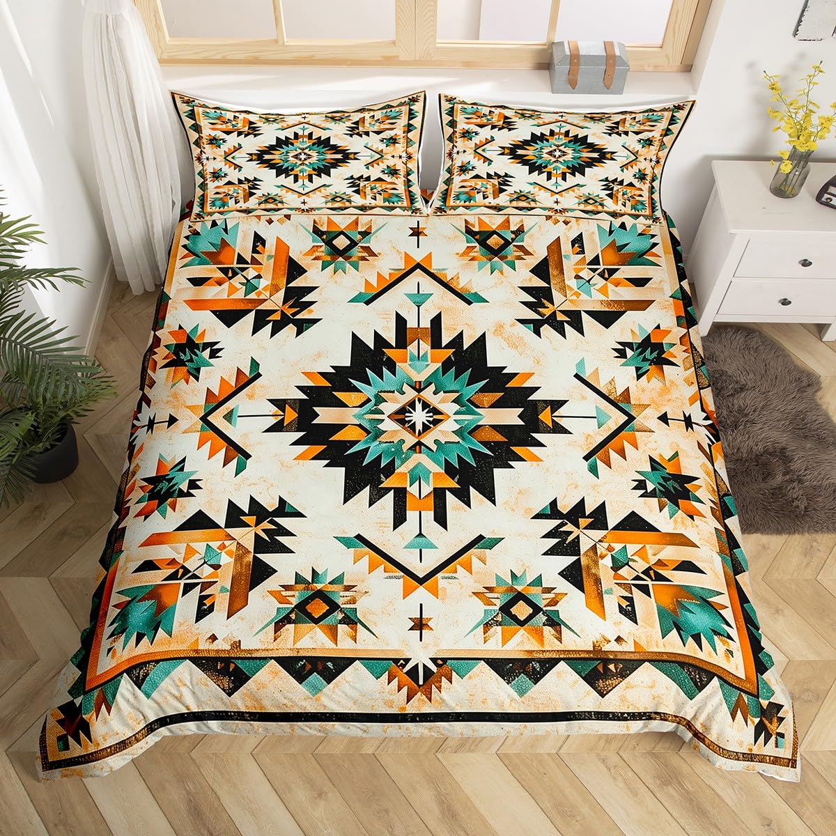 Homemissing Tribal Native American Indian Design Duvet Cover Set King Size For Kids Boys Girls Aztec Ethnic Bedding Set Rustic Southwestern Duvet Cover with 2 Pillowcases Geometric Bedding — image 1
