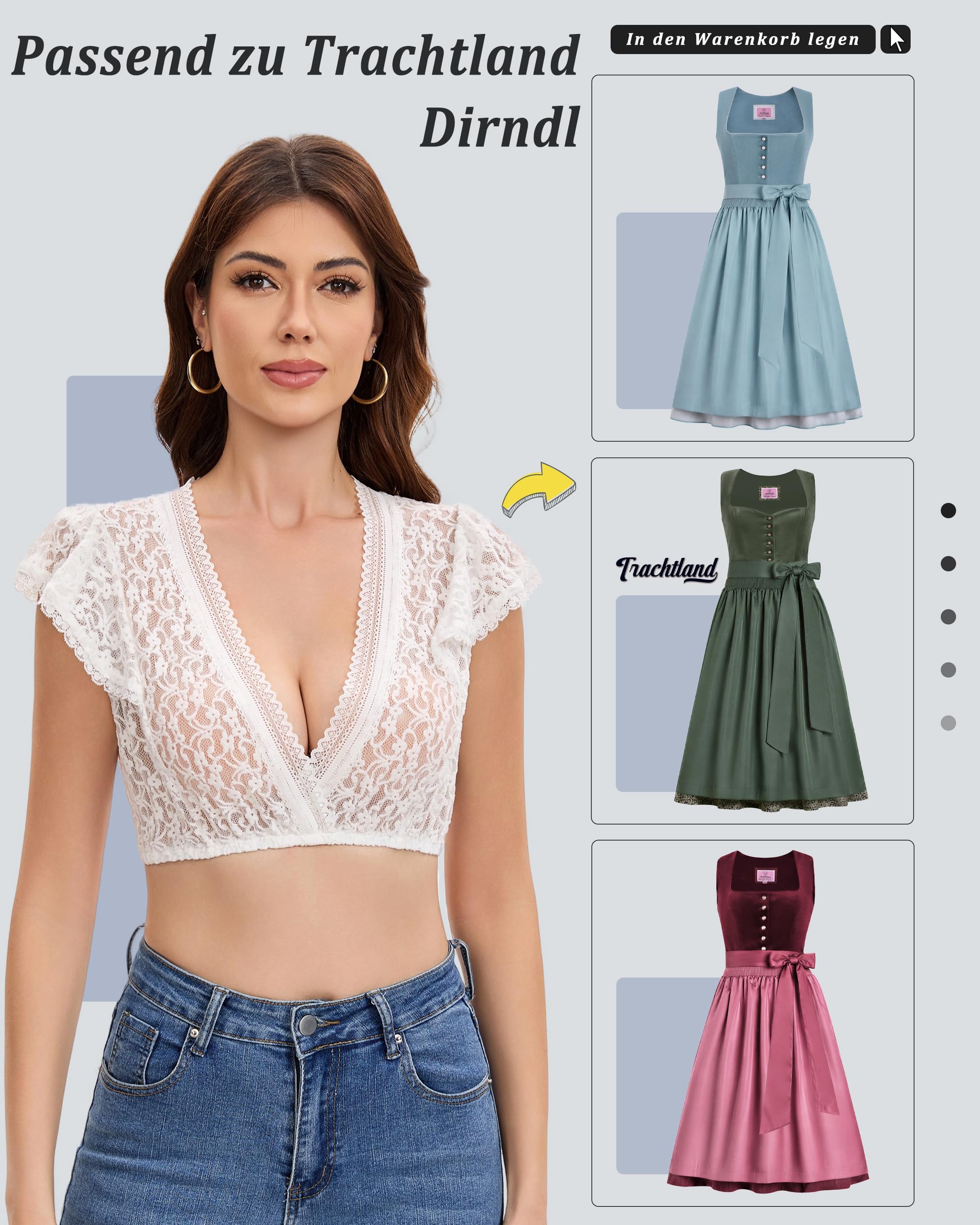 Blouse Dirndl Femme Manches Volantées Blouse Traditionnelle Oktoberfest Élégante avec Décolleté en V et Dentelle Blanc Taille 34-44
