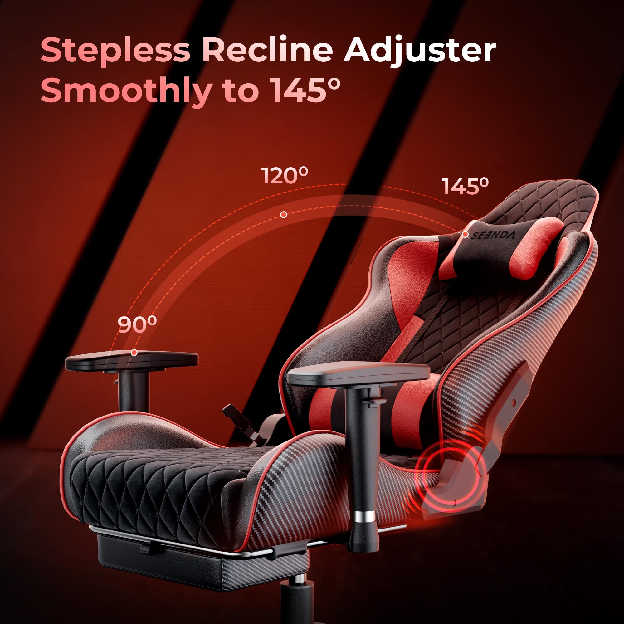 seenda GCPro-10 Ergonomischer Gaming Stuhl & Bürostuhl | 150 kg Vollmetall-Rahmen, 145° Neigung mit Fußstütze, 2D Armlehnen, Lendenwirbelstütze, High-Density Schaum, Carbon Design