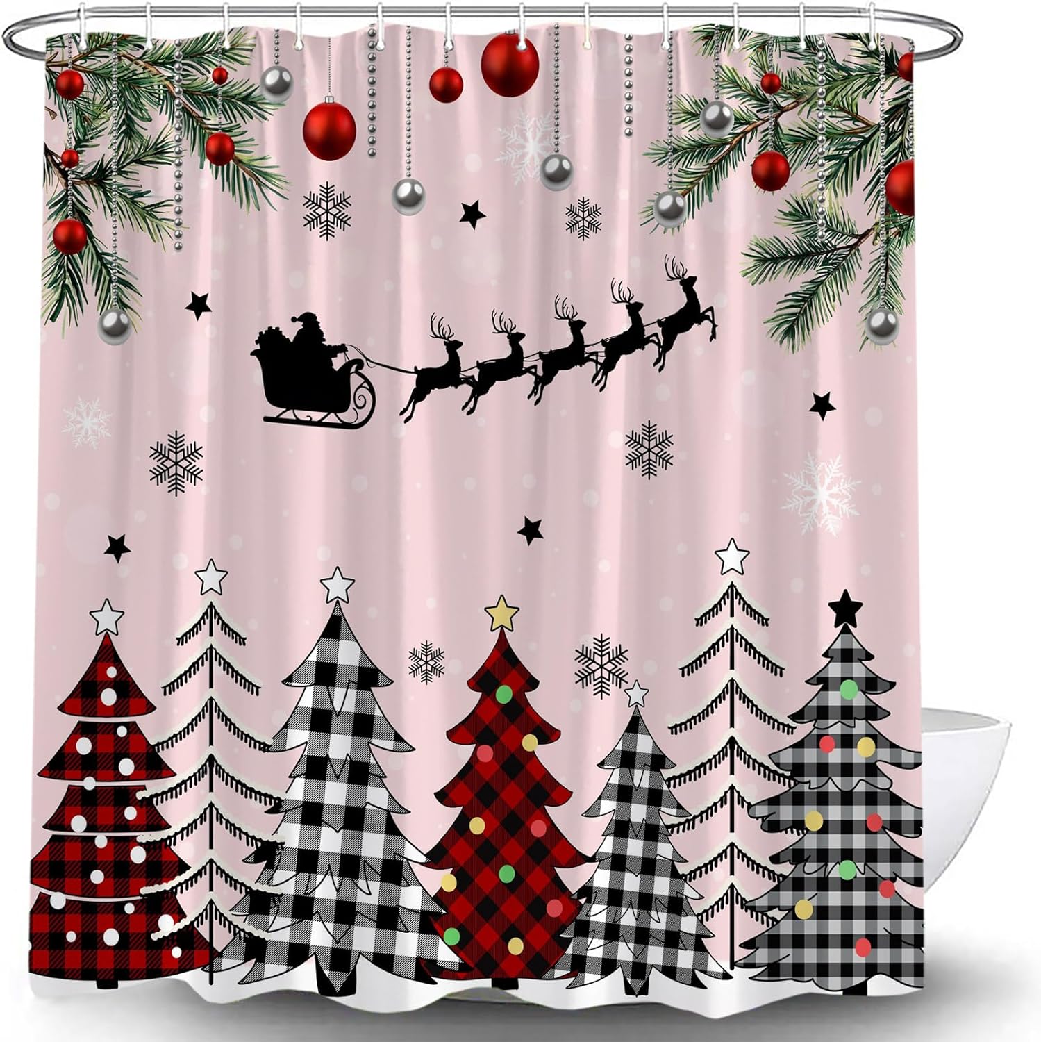 Christmas Tree Shower Curtain Winter Red Black Plaid Christmas Tree Santa Ball Snowflake Pine Tree Branch Rustic Xmas Holiday Pink Fabric Bathroom Decor Curtain with Hooks,70x83.8 Inch