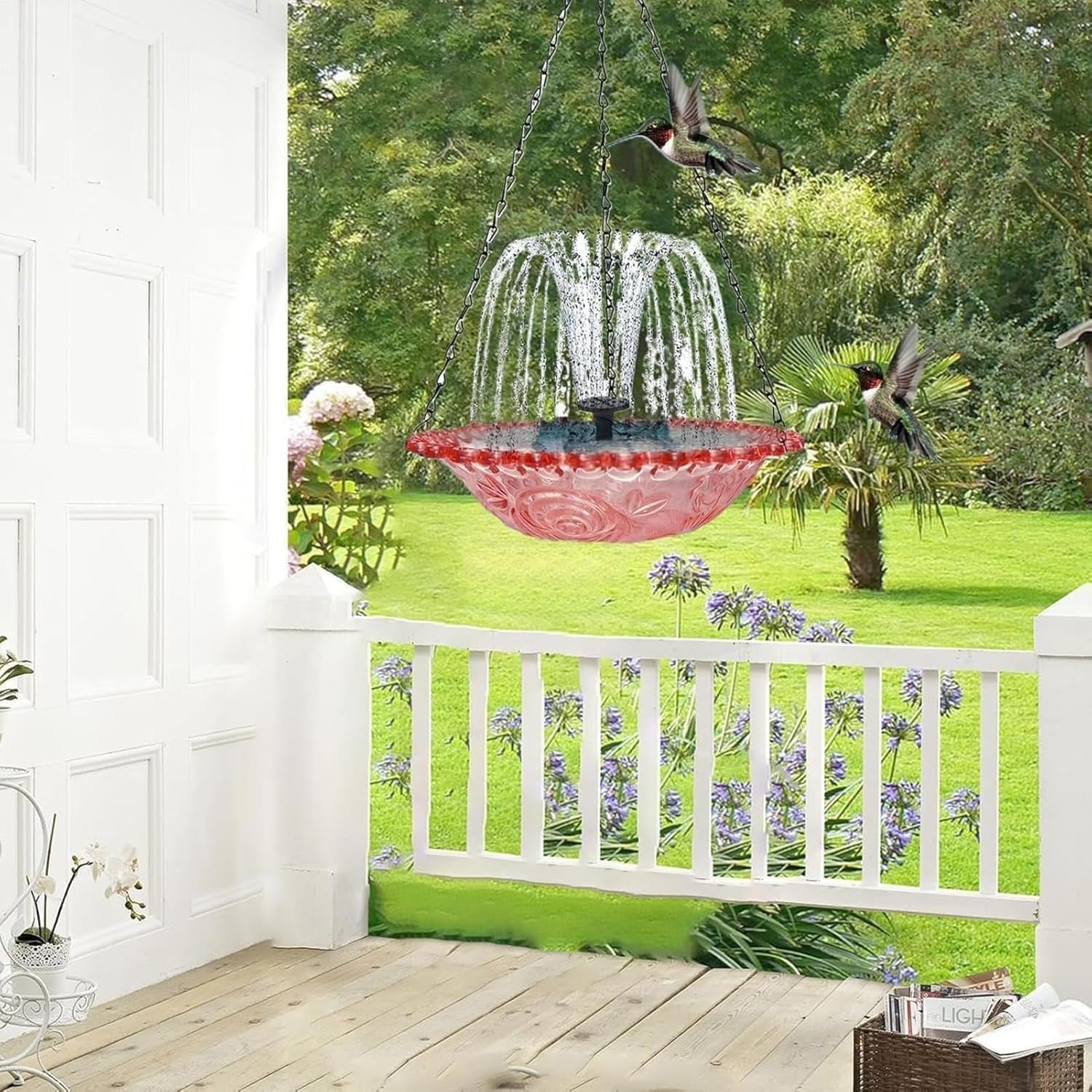 Solar Cascade Hanging Bird Bath Fountain, Colorful Glass Bowl with Water Pump, Outdoor Yard Decor for Hummingbirds, Wild Backyard Patio Oasis (Purple)